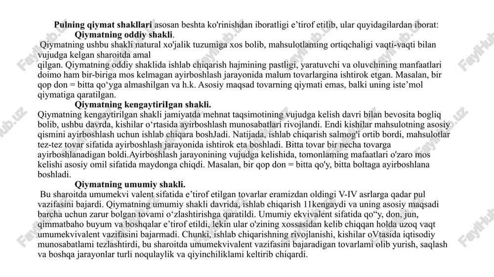 yda chiqarilgan. yevropada dastlabki qog'oz pullar stokgolm banki tomonidan 1661 yilda emissiya qilingan. yevropada qog’oz pullar emissiyasining namoyandalaridan biri shotlandiyalik djon lo (1671-1729) hisoblanadi. 0 ‘zbekistonda qog'oz pullar 1918 yildan boshlab dastlab buxoro amirligida muomalaga chiqarilgan. muomalaga chiqarilgan nominali 20, 60, 100, 200, 300, 500, 1000, 2000, 3000, 5000, va 10000 qog'oz pullar tanga deb atalgan. 1922-yilda bsxr(buxoro ssr) tomonidan denominatsiya amalga oshirilib, pullarning nominali yuzlab marta kamaytirilgan va 1, 5, 10, 25, 100 rubllik yangi pullar muomalaga chiqarilgan. ammo ko‘p otmasdan, kuchli inflyatsiya natijasida past nominaldagi pul birliklari bozor ehtiyojlarini qondira olmay qoladi va 1000, 2500 va 5000 rubllik pullar bosib chiqarila boshlagan. iqtisodiyotni markazdan boshqarish sharoitida nashr etilgan adabiyotlarda, pul beshta, ya’ni qiymat o‘lchovi, muomala vositasi, to'lov vositasi, jamg‘arma vositasi va jahon puli funksiyalarini bajarishi takidlanadi. angliya - amerika iqtisodchi olimlari pulning uchta funksiyasi (muomala vositasi, qiymat olchovi va jag‘arma vositasi) mayjudligini e’tirof etishadi. 0‘zbekistonlik iqtisodchi, professor sh.z.abdullayeva …