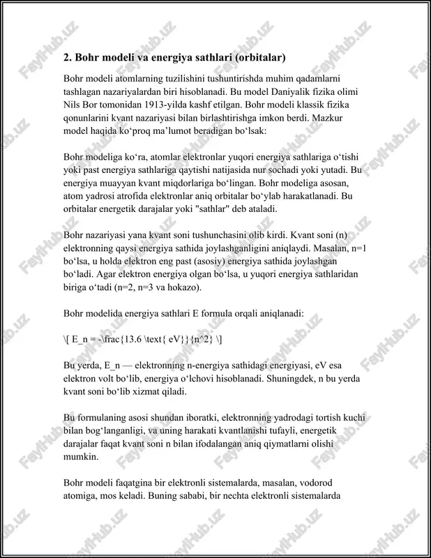 n. - l qiymati orbitalning shaklini aniqlaydi: - l = 0: s-orbital (sfera shaklida), - l = 1: p-orbital (gantar shaklida), - l = 2: d-orbital, - l = 3: f-orbital va h.k. - masalan, n = 3 bo'lsa, l qiymatlari 0, 1, va 2 bo'lishi mumkin, ya'ni 3s, 3p va 3d orbital mavjud. 3. **magnit kvant soni (m):** - magnit kvant soni (m) orbitalni magnit maydon bilan bog'lash imkonini beradi va -l dan +l gacha butun qiymatlar olishi mumkin (shu jumladan nol). - m qiymati bir orbitalda nechta yo'nalish mavjudligini ko'rsatadi. misol uchun: - agar l = 1 bo'lsa, m = -1, 0, +1 qiymatlarni olishi mumkin (ya'ni, p-orbitalning uchta yo'nalishi mavjud: px, py, pz). - agar l = 2 bo'lsa, m = -2, -1, 0, +1, +2 qiymatlarni olishi mumkin (ya'ni, d-orbitalning beshta yo'nalishi mavjud). 4. **spin kvant soni (ms):** - spin kvant soni (ms) elektronning ichki harakatini, …