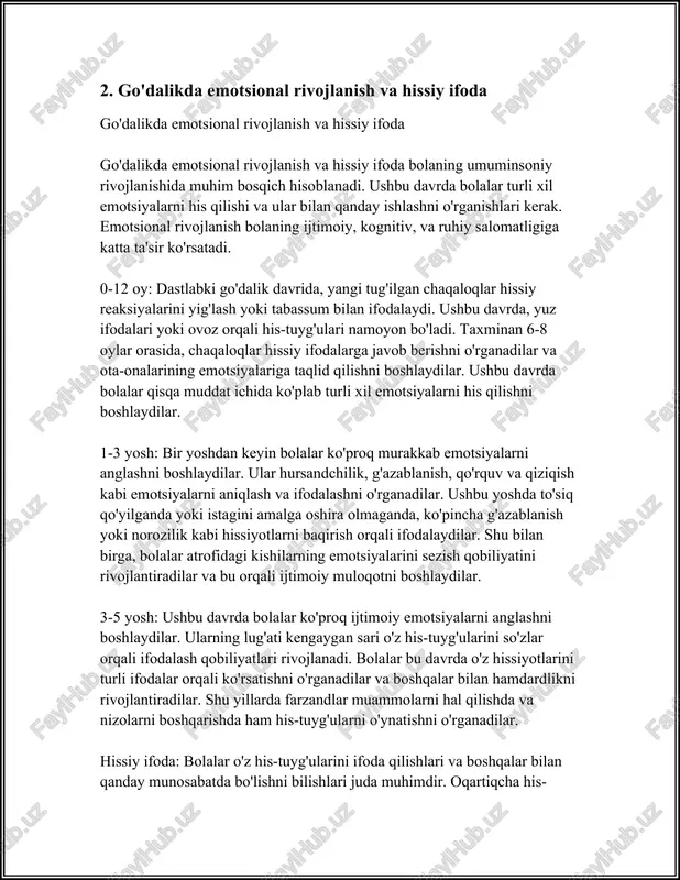 ” ni tushunishlari mumkin. ijtimoiy o'yinlar orqali o'ynash, qiyoslash va guruhlash qobiliyatlari rivojlanadi. bolalar ranglar, shakllar, va sonlarni ajratib bera boshlaydilar. 3 yoshli bolalarda avtonom xotira rivojlanadi. ular qisqa hikoyalarni eslab qolib, o'z so'zlari bilan qayta ayta olishlari mumkin. bolalar raqamlarni sanashni va oddiy matematik tushunchalarni o'rganishni boshlaydilar. ob'ekt va hodisalarni mantiqiy ravishda tushunishga intilishlari esa bu yoshdagi rivojlanishning muhim qismidir. uch yoshli bolalar dunyoni bilish jarayonida qiziqish va tadqiqotchilik ko'nikmalarini namoyon qiladilar. ular atrof-muhitni kuzatib, nimaga va qanday savollar beradilar, bu esa mantiqiy va analitik fikrlash ko'nikmalarini rivojlantiradi. idrok jarayonida bolalar ko'rish, eshitish, ta'm, hid sezgilarini birlashtirib, muhitni o'rganadilar. bu sezgi organlarining rivojlanishi orqali bolalar atrof-muhitni turlicha tushunib olish qobiliyatiga ega bo'ladilar. bolalar bu yoshda shakllar, ranglar va tovushni yaxshi ajrata boshlaydilar. bu davrda bolalarning muhokama qilish va muammolarni hal qilish qobiliyatlari ham rivojlanadi. ular o'yinchoqlar bilan qandaydir muammolarni hal qilib, boshqotirmalar yoki konstruktorlar vositasida turli xil shakllar yasab, …