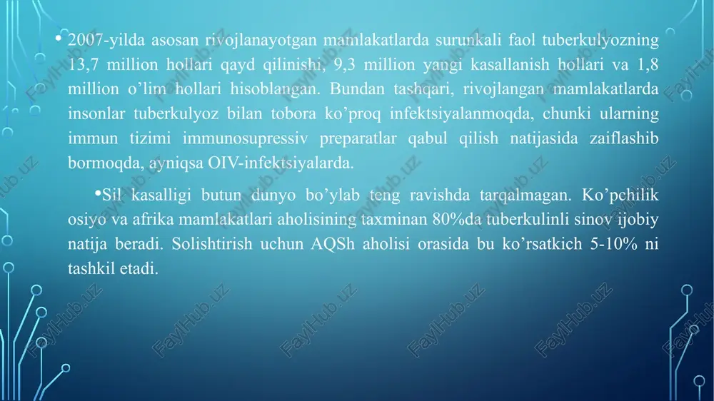 h jarayonlari ularning giperfaolligiga olib keladi, natijada allergen yoki qo’zg’atuvchi ta’sirga uchraganda bronxial obstruktsiya (qisilish) rivojlanadi, bu havo oqimi tezligini kamaytiradi va bo’g’ilishga olib keladi. bronxial astma xuruji odatda qo’zg’atuvchi ta’siridan keyin rivojlanadi va qisqa o’tkir nafas olish va shovqinli uzaygan nafas chiqarish bilan xarakterlanadi. odatda yopishqoq balg’amli va shovqinli yo’tal alomatlari bilan birga keladi. bronxial astma o’pka va yurakning emfizemasiga, astma holatining paydo bo’lishiga olib kelishi mumkin. so’nggi yigirma yil ichida astma bilan kasallanish holatlari ko’paydi va bugungi kunda astma ta’siridan taxminan 300 million kishi aziyat chekadi. bu jins va yoshdan qa’tiy nazar, insonlarda eng keng tarqalgan surunkali kasalliklar sirasidan. bronxial astma bilan kasallanganlar orasida o’lim darajasi juda yuqori. so’nggi yigirma yil ichida bolalardagi bronxial astma holatlari ortib borishi bunday hoaltni nafaqat kasallik, balki ijtimoiy muammo deb qarashga undamoqda va unga qarshi kurash uchun maksimal kuchlar qaratilgan. nafas qisilishi xurujlari turli tezliklarda kuzatiladi, ammo remissiya bosqichida (surunkali kasallikning vaqtinchalik …
