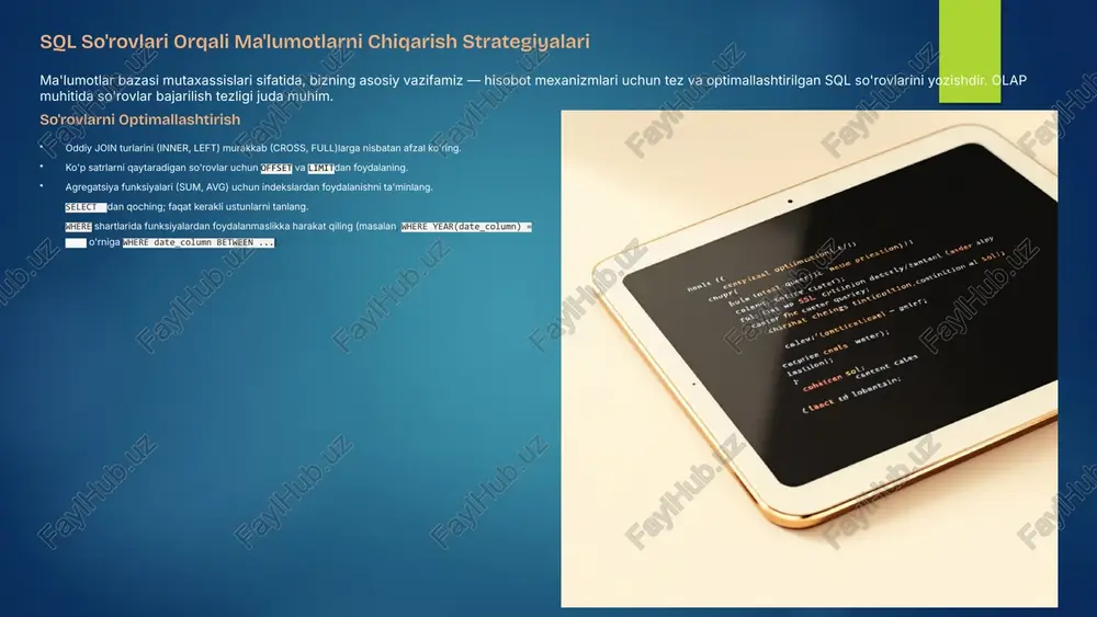 ed access control - rbac) joriy etish, ma'lumotlarni shifrlash (encryption) va foydalanuvchi ruxsatlarini muntazam tekshirish. 8 zamonaviy trendlar: dashboard va interaktiv hisobotlar statik hisobotlar davri o'tib bormoqda. bugungi kunda it mutaxassislari bi (business intelligence) vositalari yordamida dinamik dashboardlarni yaratish orqali foydalanuvchilarning o'z ma'lumotlarini mustaqil tahlil qilishiga imkon yaratmoqda. dinamik dashboardlar tableau, power bi yoki looker kabi vositalar orqali real vaqtda yangilanadigan vizual panellarni yaratish. bu foydalanuvchilarga ma'lumotlar bilan o'zaro ishlash (interactivity) imkonini beradi. self-service bi foydalanuvchilarga it yordamisiz o'zlarining shaxsiy so'rovlari va hisobotlarini yaratish uchun vositalarni taqdim etish. bu it resurslariga tushadigan yukni kamaytiradi. mobil hisobot berish rahbariyat va dala xodimlari uchun mobil qurilmalar orqali asosiy kpilarga tezkor kirishni ta'minlash. dizayn mobil interfeyslarga optimallashtirilgan bo'lishi kerak. kelajak: sun'iy intellekt (ai) va mashinani o'rganish (ml) hisobotlarga kiritilib, avtomatik ravishda anomaliyalarni aniqlash va prognozli tahlillarni taqdim etish imkonini bermoqda. 9 xulosa va keyingi qadamlar ma'lumotlar bazasi ustida hisobotlarni samarali shakllantirish aniq rejalashtirish, …