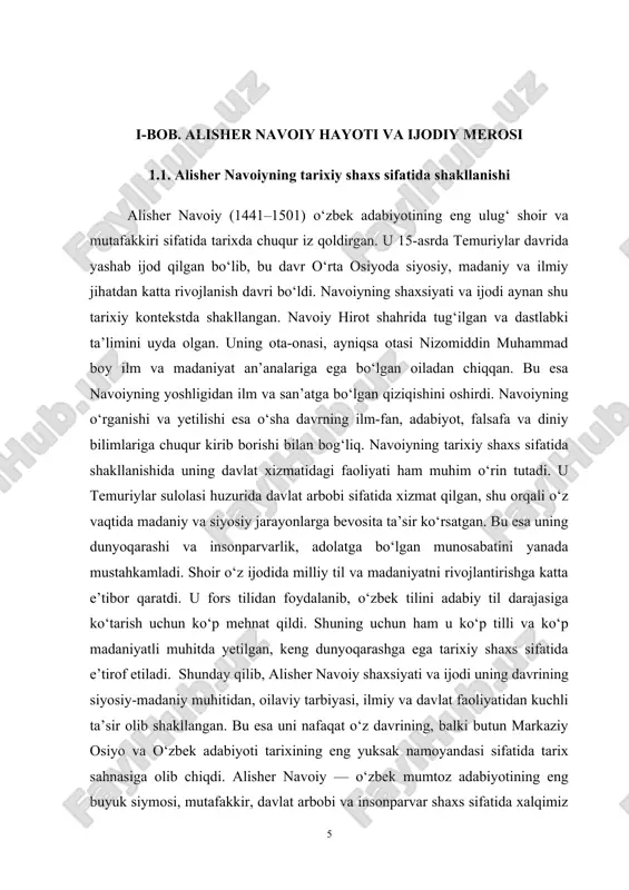 nizomiddin muhammad, ilm va tarbiya sohasida yuqori saviyaga ega bo‘lib, u yoshligidan alisherning bilim olishiga katta e’tibor qaratdi. uyda arab, fors va turkiy tillarida bilim berish, diniy va dunyoviy fanlarni o‘rgatish uning yoshlik davrini boyitdi. shu tariqa, navoiyning ko‘p tilli va ko‘p madaniyatli muhitda shakllanishi uning keyingi adabiy merosining xalqaro va ko‘p qirrali bo‘lishiga zamin yaratdi. alisher navoiyning tarixiy shaxs sifatida shakllanishida uning davlat faoliyati muhim ahamiyatga ega bo‘ldi. u yoshligidan boshlab hirot sultonligi xizmatchisi sifatida turli lavozimlarda xizmat qildi. ustozlari va davlat arboblari bilan muloqot, siyosiy jarayonlarga bevosita guvoh bo‘lish uning tafakkur doirasini kengaytirdi, adolat va insonparvarlik tamoyillarini chuqur anglashiga yordam berdi. shoir davlat boshqaruvida faoliyat yuritish orqali jamiyatdagi ijtimoiy muammolarni, insonlar orasidagi adolatli munosabatlarni o‘rganib, ularni asarlarida yoritishga intildi. navoiyning ijodiy faoliyati ham tarixiy shaxs sifatida uning hayotining muhim qismidir. u o‘z davrida fors va turkiy tillarida ko‘plab she’riy va nasriy asarlar yaratdi. ayniqsa, o‘zbek tilida yaratilgan adabiy …