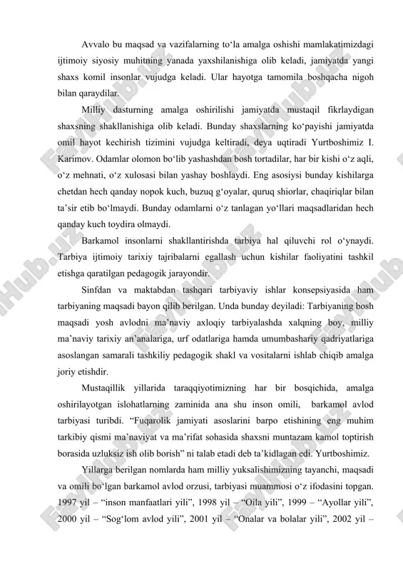 amda umumbashariy qadriyatlariga asoslangan samarali tashkiliy pedagogik shakl va vositalarni ishlab chiqib amalga joriy etishdir. mustaqillik yillarida taraqqiyotimizning har bir bosqichida, amalga oshirilayotgan islohatlarning zaminida ana shu inson omili, barkamol avlod tarbiyasi turibdi. “fuqarolik jamiyati asoslarini barpo etishining eng muhim tarkibiy qismi ma’naviyat va ma’rifat sohasida shaxsni muntazam kamol toptirish borasida uzluksiz ish olib borish” ni talab etadi deb ta’kidlagan edi. yurtboshimiz. yillarga berilgan nomlarda ham milliy yuksalishimizning tayanchi, maqsadi va omili bo‘lgan barkamol avlod orzusi, tarbiyasi muammosi o‘z ifodasini topgan. 1997 yil – “inson manfaatlari yili”, 1998 yil – “oila yili”, 1999 – “ayollar yili”, 2000 yil – “sog‘lom avlod yili”, 2001 yil – “onalar va bolalar yili”, 2002 yil – “qadriyatlarni qadrlash yili”, 2003 yil – “obod maxalla yili”, 2004 yil – “mehr-muruvvat yili”, 2005 yili – “sihat-salomatlik yili”, 2006 yil – “homiylar va shifokorlar yili”, 2008 yil – “yoshlar yili”. ijtimoiy pedagogika fani bundan 200 ming yil …