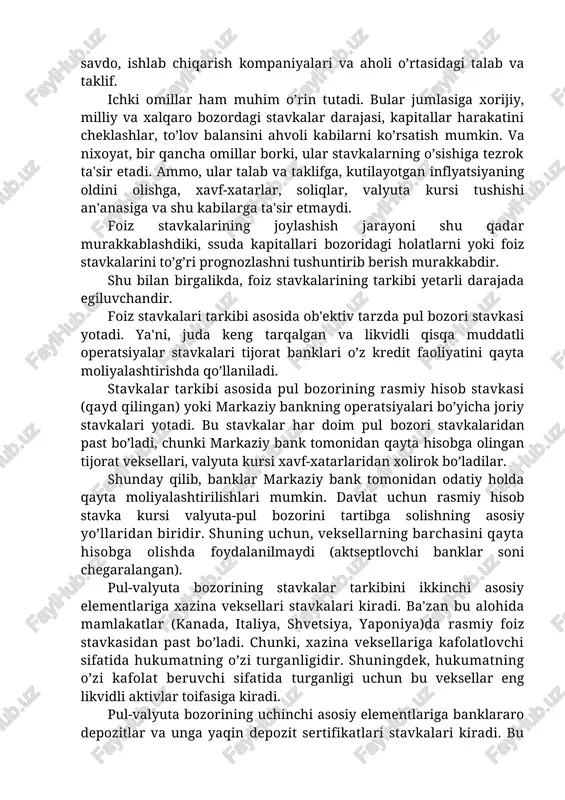 sellari, valyuta kursi xavf-xatarlaridan xolirok bo’ladilar. shunday qilib, banklar markaziy bank tomonidan odatiy holda qayta moliyalashtirilishlari mumkin. davlat uchun rasmiy hisob stavka kursi valyuta-pul bozorini tartibga solishning asosiy yo’llaridan biridir. shuning uchun, veksellarning barchasini qayta hisobga olishda foydalanilmaydi (aktseptlovchi banklar soni chegaralangan). pul-valyuta bozorining stavkalar tarkibini ikkinchi asosiy elementlariga xazina veksellari stavkalari kiradi. ba'zan bu alohida mamlakatlar (kanada, italiya, shvetsiya, yaponiya)da rasmiy foiz stavkasidan past bo’ladi. chunki, xazina veksellariga kafolatlovchi sifatida hukumatning o’zi turganligidir. shuningdek, hukumatning o’zi kafolat beruvchi sifatida turganligi uchun bu veksellar eng likvidli aktivlar toifasiga kiradi. pul-valyuta bozorining uchinchi asosiy elementlariga banklararo depozitlar va unga yaqin depozit sertifikatlari stavkalari kiradi. bu stavkalar rasmiy kurs stavkasidan kam, xazina veksellari stavkasidan esa, hamisha yuqori turadi. hududiy valyuta bozorlarning rivojlanishi bilan foiz stavkalarining muayyan turlari ko’paymoqda. masalan, libor (london interbank offered rete - libor) - london banklararo mablag’larga taklif stavkasi yuzaga keldi va juda keng kuuanilmoqda. libor o’zida london banklarining …