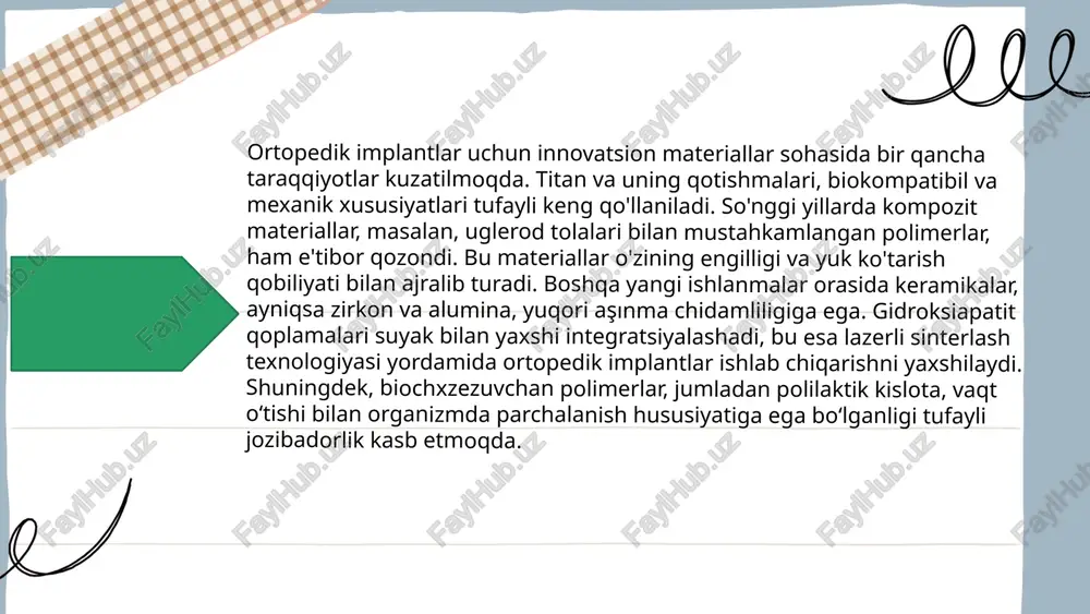 sh, qoplama sifatida. innovatsiya: nanostrukturali gidroksiapatit suyak regeneratsiyasini tezlashtiradi. 3. polimer kompozitlar (peek – polyether ether ketone) afzalliklari: yengil, elastikligi suyakga o‘xshash, metall detektorga ta’sir qilmaydi. qo‘llanilishi: orqa miya disk implantlari, travmatologik plitalar. innovatsiya: peek biomateriallari uglerod tolalari bilan mustahkamlangan holatda ishlatiladi. 4. magniy asosidagi implantlar (bioparchalanadigan materiallar) afzalliklari: tana ichida asta-sekin erib, organizmga zararsiz tarzda chiqariladi. qo‘llanilishi: vaqtinchalik suyak tutib turuvchi strukturalar. innovatsiya: magniyga qo‘shilgan elementlar (zn, ca) orqali erish tezligi nazorat qilinadi. 5. 3d bosma biomateriallar afzalliklari: individual (shaxsiylashtirilgan) implantlar yaratish imkoniyati. qo‘llanilishi: kranial (bosh suyak), bo‘g‘im va umurtqa implantlari. innovatsiya: biyo3d-printerlar yordamida hujayralarni o‘z ichiga olgan implantlar tayyorlash istiqbolli yo‘nalishdir. 4. kelajak yo‘nalishlari nanotexnologiyalar yordamida suyak o‘sishini rag‘batlantiruvchi yuzalar. smart materiallar: tana haroratida shaklini o‘zgartiruvchi yoki dori moddasini chiqaruvchi implantlar. genetik muvofiqlik: genomik tahlil asosida mos biomateriallar tanlash. 5. xulosa ortopedik implantlarning innovatsion materiallari bemorlar uchun qulaylik, xavfsizlik va uzoq muddatli barqarorlikni ta’minlashda muhim rol o‘ynaydi. bu …