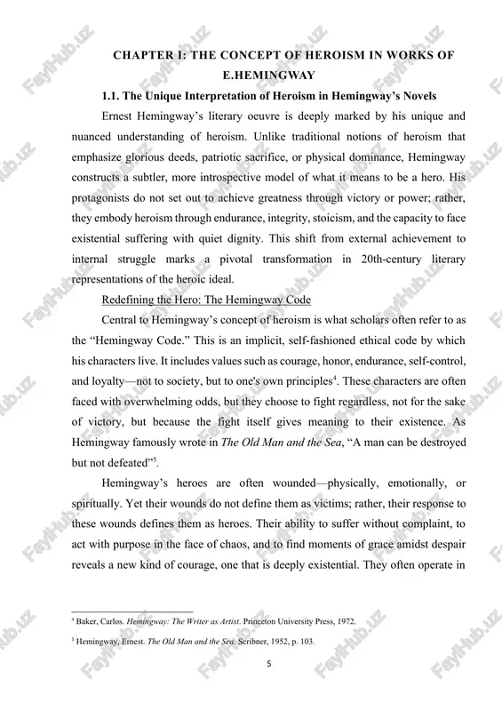 s but existential crucibles that test the characters’ values and humanity. hemingway’s own experiences as an ambulance driver during wwi and as a correspondent in later conflicts gave him firsthand knowledge of the trauma, absurdity, and complexity of war. in a farewell to arms, frederic henry begins as a passive participant in the war, but gradually evolves into a tragic hero. his disillusionment with war and his deepening love for catherine barkley mark his inward journey[footnoteref:7]. when catherine dies during childbirth, frederic walks away from the hospital into the rain—an image that symbolizes not only loss but the ultimate realization of life’s indifference. yet, he does not crumble. his perseverance in the face of personal devastation aligns him with hemingway’s definition of a true hero. [7: hemingway, ernest. a farewell to arms. scribner, 1929.] similarly, for whom the bell tolls presents robert jordan as a man caught between political commitment …