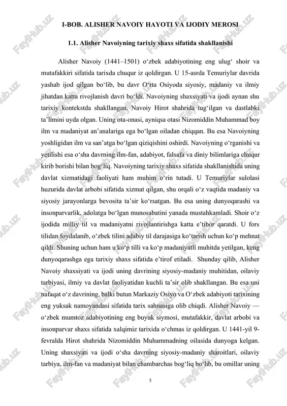 ishiga katta e’tibor qaratdi. uyda arab, fors va turkiy tillarida bilim berish, diniy va dunyoviy fanlarni o‘rgatish uning yoshlik davrini boyitdi. shu tariqa, navoiyning ko‘p tilli va ko‘p madaniyatli muhitda shakllanishi uning keyingi adabiy merosining xalqaro va ko‘p qirrali bo‘lishiga zamin yaratdi. alisher navoiyning tarixiy shaxs sifatida shakllanishida uning davlat faoliyati muhim ahamiyatga ega bo‘ldi. u yoshligidan boshlab hirot sultonligi xizmatchisi sifatida turli lavozimlarda xizmat qildi. ustozlari va davlat arboblari bilan muloqot, siyosiy jarayonlarga bevosita guvoh bo‘lish uning tafakkur doirasini kengaytirdi, adolat va insonparvarlik tamoyillarini chuqur anglashiga yordam berdi. shoir davlat boshqaruvida faoliyat yuritish orqali jamiyatdagi ijtimoiy muammolarni, insonlar orasidagi adolatli munosabatlarni o‘rganib, ularni asarlarida yoritishga intildi. navoiyning ijodiy faoliyati ham tarixiy shaxs sifatida uning hayotining muhim qismidir. u o‘z davrida fors va turkiy tillarida ko‘plab she’riy va nasriy asarlar yaratdi. ayniqsa, o‘zbek tilida yaratilgan adabiy merosi — “xamsa” dostoni, “mahbub ul-qulub”, “lison ut-tayr” kabi asarlar uning milliy tilni rivojlantirishdagi …