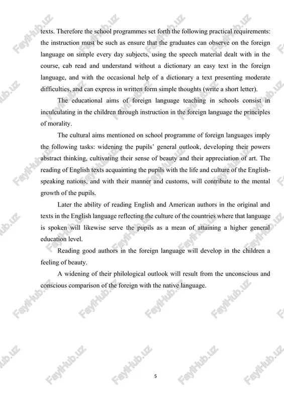 eir powers abstract thinking, cultivating their sense of beauty and their appreciation of art. the reading of english texts acquainting the pupils with the life and culture of the english-speaking nations, and with their manner and customs, will contribute to the mental growth of the pupils. later the ability of reading english and american authors in the original and texts in the english language reflecting the culture of the countries where that language is spoken will likewise serve the pupils as a mean of attaining a higher general education level. reading good authors in the foreign language will develop in the children a feeling of beauty. a widening of their philological outlook will result from the unconscious and conscious comparison of the foreign with the native language. chapter i .general notes on language and speech units 1.1. levels of language and speech units language and speech are two different communicating …