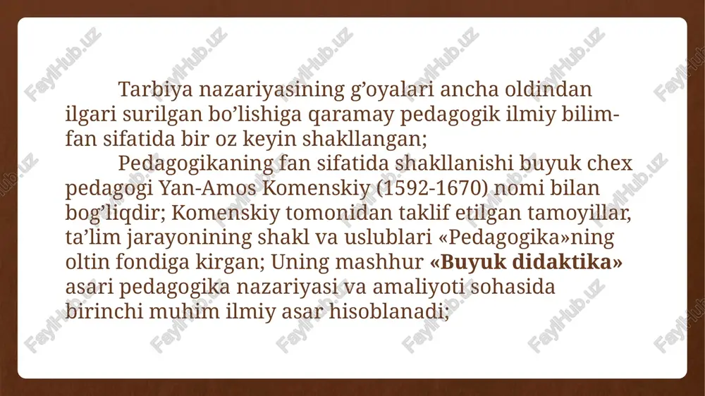 metodi- so’rashning bir turi bo’lgani holda tadqiqotchining jiddiy tayyorgarlik ko’rishini talab etadi, chunki u tekshirayotgan shaxs bilan bevosita aloqada bo’li shvaqtida og’zaki suhbat tarzida, suhbatdoshining javoblarini yozmasdan erkin muomala formasida qo’llaniladi; pedagogik so’rash metodi- tadqiqotchining boshqa kishilardan pedagogik tajribaning biror tomoni yoki hodisalari haqida axborot olish jarayoni bu metodning asosini tashkil qiladi; shokirov ismoiljon test sinovlar metodi- bu yozma javoblarning ommaviy ravishda yig’ib olish metodidir; test sinovlarini(anketalarini) ishlab chiqish murakkab ilmiy jarayon; pirovard natijada tadqiqot natijalarining ishonchliligi anketalar mazmuniga, berilayotgan savollar shakliga, to’ldirilgan anketalar soniga bog’liq bo’ladi; maktab hujjatlarini tahlil qilish usuli – bunda o’quvchilarning umumiy miqdori, uning o’sishi yoki kamayish sabablari tavsifi, o’quvchilarning fanlar bo’yicha o’zlashtirish darajasiga, sinfdan qolishning oldini olish, rag’batlantirish va jazolash choralari turlariga, maktabning moddiy bazasiga e’tibor beriladi eksperiment-tajriba-sinov usuli- ushbu tajriba asosan ta’lim-tarbiya jarayoniga aloqador ilmiy faraz yoki amaliy ishlarning tadbiqi jarayonlarini tekshirish, aniqlash maqsadida o’tkaziladi; statistika ma’lumotlarini tahlil qilish usuli- xalq ta’limi sohasidagi, jumladan, …