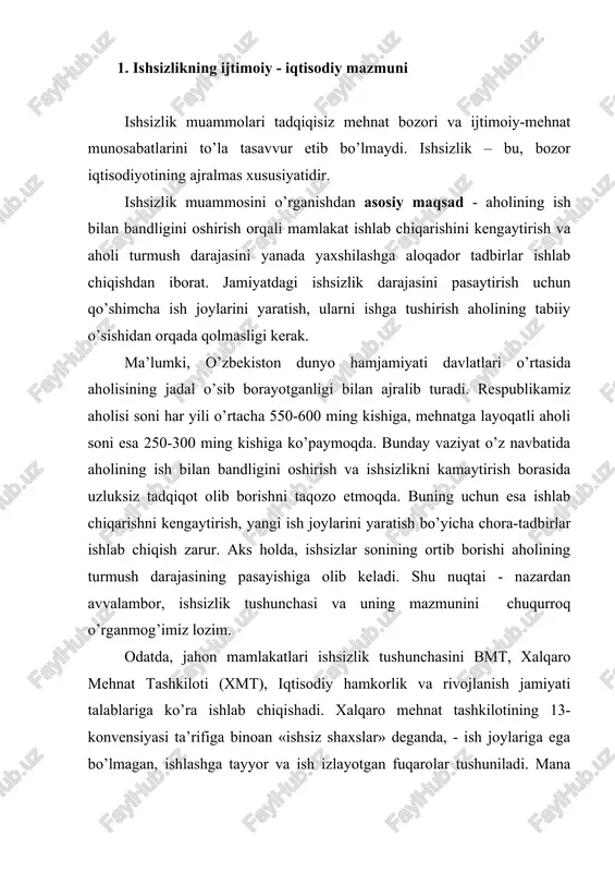 hnat organiga ish qidirib rasimy murojaat qilishi, belgilangan muddatlarda mehnat organida qaytadan ro’yxatdan o’tib turishi va mehnat organlari tomonidan taklif qilingan maqbul ishni qabul qilish holatlari tasdiqlaydi. to’rtinchi shart – fuqaro barcha tegishli hujjatlarni taqdim qilgan holda mahalliy mehnat organida ish qidiruvchi shaxs sifatida ro’yxatdan o’tishi lozim. ishsizlik tushunchasiga aniqlik kiritib, shuni ta’kidlash kerakki, ishsizlar – bular shunday kishilarki, ular mehnat bozorida o’z xizmatlarini faollik bilan taklif qiladilar, ish qidiradilar, bu narsa ish bilan bandlikning iqtisodiy munosabatlarini tartibga solishda davlat tomonidan hisobga olinishi darkor. ba’zan «ishsizlar» tushunchasining xalq xo’jaligida ish bilan band bo’lmagan mehnatga qobiliyatli aholi sifatida keng ma’noda talqin qilinishi maqbul emas, chunki u faol ish qiridayotganlarni ham, ish qidirmayotganlarni ham, shuningdek, haq to’lanadigan ish o’rnini egallash uchun da’vogarlik qilayotgan, lekin unga o’zining kasb-malaka jihatidan yaroqli, sog’lig’i, ichki uyushqoqligi bilan mos kelishiga yordam bermayotgan shaxslar ham kiritilardi. xmt sandartlariga ko’ra, ishsizlar sirasiga muayyan yoshga yetgan, hisobot davri mobaynida ishsiz …