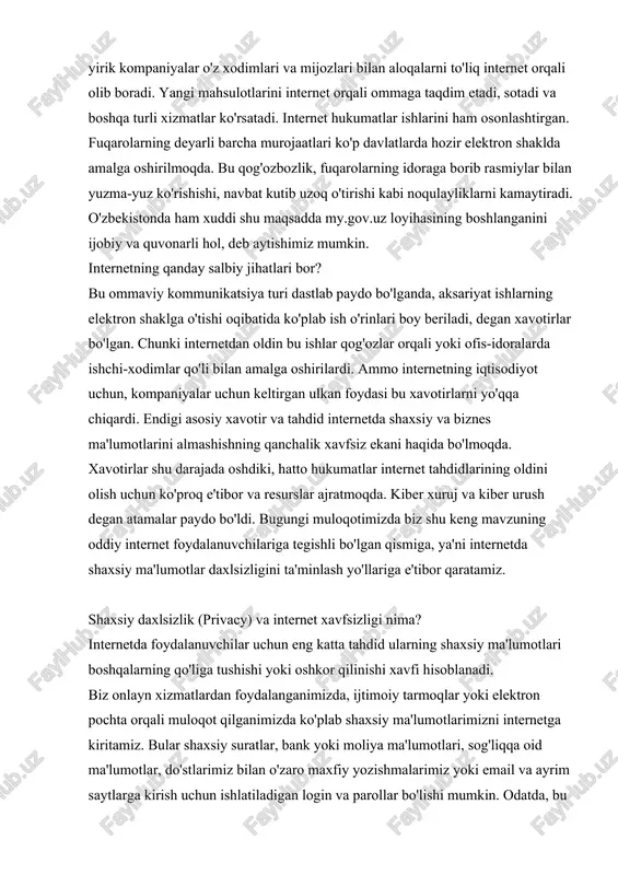 moliya ma'lumotlari, sog'liqqa oid ma'lumotlar, do'stlarimiz bilan o'zaro maxfiy yozishmalarimiz yoki email va ayrim saytlarga kirish uchun ishlatiladigan login va parollar bo'lishi mumkin. odatda, bu ma'lumotlarning xavfsiz saqlanishini onlayn xizmatni taqdim etuvchi saytlar ta'minlaydi, ammo shunday holatlar ham bo'ladiki, bu ma'lumotlaringiz istalmagan uchinchi bir tomon qo'liga o'tib qolishi va ular bu ma'lumotlardan g'arazli maqsadlarda foydalanishi mumkin. demak, faqat o'zimizgagina tegishli bo'lgan, boshqalarga bizning roziligimizsiz berilmaydigan barcha ma'lumotlar bizning shaxsiy mulkimiz hisoblanadi va ular ustidan shaxsiy daxlsizlik huquqiga egamiz. shaxsiy ma'lumotlarning oshkor bo'lishi o'z aybingiz bilan yoki xakerlar kabi maxsus hujum uyushtiruvchi shaxs yoki shaxslar xatti-harakati natijasida sodir bo'lishi mumkin. shaxsiy ma'lumotlarning oshkor bo'lishi sizga moddiy va ma'naviy zarar keltirishi mumkin. bitta misol keltiramiz. masalan, siz ijtimoiy tarmoqdan foydalanish tartibini yaxshi tushunmasdan, faqat do'stimga yuboryapman, degan ishonch bilan ayrim shaxsiy surat yoki ma'lumotlarni hamma ko'radigan joyga joyladingiz. yoki hech kimga ko'rinmaydi, deb o'ylab, ijtimoiy tarmoqlarda ayrim saytlarga qo'yilgan shubhali havolalar ustiga …