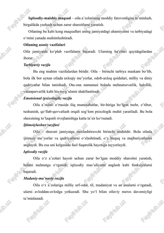 l jamiyat – bu, eng avvalo, barkamol shaxslar jamiyati demakdir. bunday shaxs esa aynan oilada shakllanadi. shu sababli, davlat tomonidan oilalarni qo‘llab-quvvatlash, ular uchun qulay ijtimoiy-iqtisodiy sharoitlar yaratish, ota-onalarning pedagogik bilimlarini oshirish bo‘yicha qator islohotlar olib borilmoqda. oila muhitidagi tarbiyaning sifatli bo‘lishi – butun jamiyat taraqqiyotiga bevosita ta’sir etadi. shu bois, oilaning tarbiyaviy imkoniyatlarini to‘g‘ri yo‘naltirish, ularning salohiyatidan oqilona foydalanish hozirgi zamonning dolzarb vazifasidir. oila tarbiyasi – shaxsning axloqiy, ma'naviy, jismoniy va aqliy jihatdan har tomonlama yetuk inson sifatida shakllanishiga bevosita ta’sir etadigan eng muhim omildir. inson hayotida asosiy ijtimoiy institut sifatida oila nafaqat bola tarbiyasini ta’minlabgina qolmay, balki uni jamiyatga tayyorlash, sog‘lom va barkamol avlodni voyaga yetkazishda asosiy rolni bajaradi. ammo oilada tarbiya jarayonining samaradorligi turli ichki va tashqi omillar ta’sirida takomillashadi yoki zaiflashadi. shu bois oila tarbiyasini takomillashtirish, ya’ni uni yanada sifatli, maqsadga yo‘naltirilgan va zamonaviy talablarga moslashtirish uchun mavjud omillarni chuqur tahlil etish zarur. oilaviy tarbiyaning sifatini …