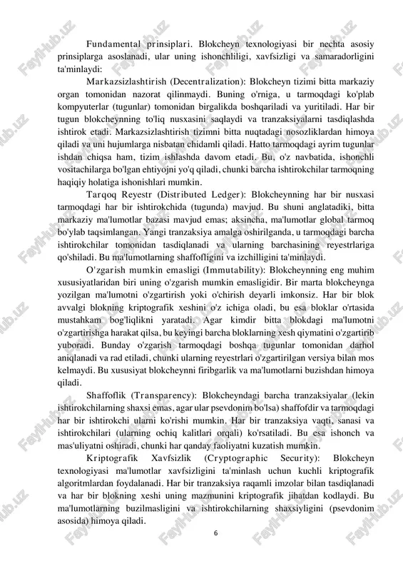 iyojni yo'q qiladi, chunki barcha ishtirokchilar tarmoqning haqiqiy holatiga ishonishlari mumkin. tarqoq reyestr (distributed ledger): blokcheynning har bir nusxasi tarmoqdagi har bir ishtirokchida (tugunda) mavjud. bu shuni anglatadiki, bitta markaziy ma'lumotlar bazasi mavjud emas; aksincha, ma'lumotlar global tarmoq bo'ylab taqsimlangan. yangi tranzaksiya amalga oshirilganda, u tarmoqdagi barcha ishtirokchilar tomonidan tasdiqlanadi va ularning barchasining reyestrlariga qo'shiladi. bu ma'lumotlarning shaffofligini va izchilligini ta'minlaydi. o'zgarish mumkin emasligi (immutability): blokcheynning eng muhim xususiyatlaridan biri uning o'zgarish mumkin emasligidir. bir marta blokcheynga yozilgan ma'lumotni o'zgartirish yoki o'chirish deyarli imkonsiz. har bir blok avvalgi blokning kriptografik xeshini o'z ichiga oladi, bu esa bloklar o'rtasida mustahkam bog'liqlikni yaratadi. agar kimdir bitta blokdagi ma'lumotni o'zgartirishga harakat qilsa, bu keyingi barcha bloklarning xesh qiymatini o'zgartirib yuboradi. bunday o'zgarish tarmoqdagi boshqa tugunlar tomonidan darhol aniqlanadi va rad etiladi, chunki ularning reyestrlari o'zgartirilgan versiya bilan mos kelmaydi. bu xususiyat blokcheynni firibgarlik va ma'lumotlarni buzishdan himoya qiladi. shaffoflik (transparency): blokcheyndagi barcha tranzaksiyalar …