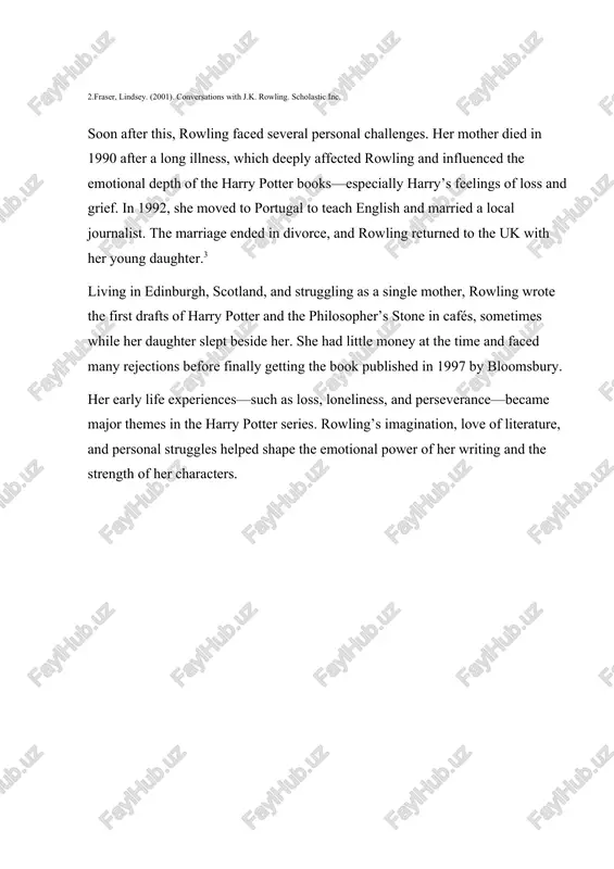 vised rowling to use initials instead of her full name, so young boys would not be discouraged from reading a book written by a woman. that is why she became known as j.k. rowling instead of joanne rowling. 4.kirk, connie ann. (2003). j.k. rowling: a biography. greenwood press. each book in the series took about one to two years to write. as the story became more complex, the books got longer and more detailed. rowling worked hard to maintain continuity between books and kept notes on every part of the wizarding world. she also made sure the themes in the story—such as love, friendship, prejudice, and sacrifice—grew stronger as harry and his friends matured. the final book, harry potter and the deathly hallows, was published in 2007, marking the end of a 17-year writing journey. rowling has said that finishing the last book was both emotional and satisfying. the writing …