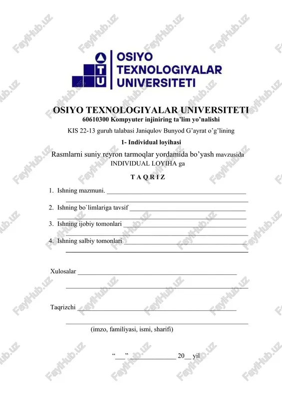 aliy qo‘llanilayotgan sohalaridan biri bo‘lib, bugungi kunda juda dolzarb hisoblanadi. bu jarayon rangsiz, ko‘pincha oq-qora tasvirlarga sun’iy neyron tarmoqlar yordamida realistik ranglar berishni o‘z ichiga oladi. bunday texnologiya nafaqat estetik maqsadlarda, balki ilmiy, tarixiy va axborot uzatish sohalarida ham katta ahamiyat kasb etmoqda. avvallari rasmlarni ranglash faqat rassomlar yoki grafik dizaynerlar tomonidan amalga oshirilgan va bu ko‘p vaqt, kuch va badiiy tajriba talab qilgan. bugungi kunda esa sun’iy neyron tarmoqlar yordamida bu jarayon avtomatlashtirilib, minglab tasvirlar qisqa vaqt ichida realistik ranglarda tiklanmoqda. ayniqsa, tarixiy hujjat va fotosuratlarni tiklash, eski filmlarni ranglash, san’at asarlarini restavratsiya qilish, hamda tibbiy tasvirlarni yaxshilashda bu texnologiya keng qo‘llanilmoqda. tarixiy fotosuratlarni bo‘yash orqali o‘tmishga bo‘lgan qiziqish ortadi va ular zamonaviy avlod uchun tushunarliroq bo‘ladi. misol uchun, ikkinchi jahon urushi paytidagi rangsiz suratlar sun’iy intellekt yordamida bo‘yalganda, tarixiy kontekst ancha jonli va ta’sirli ko‘rinishga ega bo‘ladi. shu bilan birga, bu texnologiya o‘quv jarayonlarida ham katta yordam beradi, …