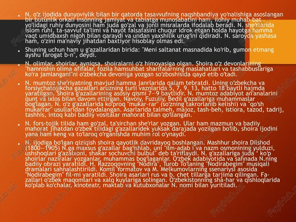 rsiz. ul parivash vaslidin bo’ldim judo, rohati dil qolmadi dildorsiz. yor uchun ag’yor dardin tortaman, ko’rmadim bir yorni ag’yorsiz. tan buzuldi, endi rohat qolmadi, soya paydo bo’lmadi devorsiz. berma nisbat qaddiga, ey bog’bon, sarvdur bu bog’ aro raftorsiz. nodira ahvolidin ogoh bo’ling, (ey musohiblarki, qolmish yorsiz). muhabbatsiz kishi odam emasdur na gul sayr ayla, na fikri bahor et, jahondin kech, xayoli vasli yor et. muhabbatsiz kishi odam emasdur, gar odamsan, muhabbat ixtiyor et. uzoru qaddu raftoringni ko’rsat, chaman sarvu gulini sharmisor et. labi maxmurdadurmen, jomi may tut, karam qil, soqiyo, daf’i humor et. “analhaq” mojarosin aylading fosh, kel, ey mansur, istiqboli dor et. duru ashku aqiqi xuni dilni kelu yoring ayog’ig’a nisor et. kuyib, ey nodira, olam elig’a muhabbat shevasini oshkor et. uvaysiy jahon otin uvaysiy (1780—1845) atoqli shoira, oʻzbek shoirlari murabbiysi jahonotin uvaysiy margʻilonda tugʻilgan. otasi siddiq bobo ikki tilda sheʼrlar yozgan. onasi chinnibibi otinoyi boʻlib, akasi oxunjon hofiz …