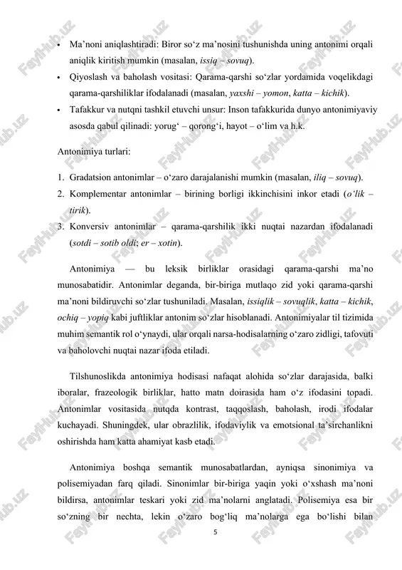 ngvistik kuzatishlar uchun asos bo‘ldi. · dastlabki ilmiy yondashuvlar asosan rus tilshunosligidagi nazariy qarashlarga tayanib olib borilgan (masalan, v.v. vinogradov, a.i. smirnitskiylarning ishlari). 2. xx asr va mustaqillik davridagi tadqiqotlar xx asrning ikkinchi yarmidan boshlab o‘zbek tilshunosligida antonimiya alohida semantik hodisa sifatida chuqur o‘rganila boshlandi. muhim tadqiqotlar: · n.g‘. zohidov, i. mahkamov, m. yo‘ldoshev kabi tilshunoslar antonim birliklarning tasnifi, sintaktik funksiyasi, uslubiy vazifalari bo‘yicha ilmiy maqolalar va dissertatsiyalar yozgan. · 1970–1990-yillar orasida antonim birliklar adabiy til, badiiy uslub, leksik-semantik guruhlar doirasida ko‘p o‘rganilgan. · mustaqillik davri (1991 yildan boshlab): tilga milliy-mental qarashlar kuchaydi, semantik tadqiqotlar ko‘paydi, antonim birliklarning etnolingvistik, kognitiv, madaniy mazmuni tahlil qilina boshlandi. 3. zamonaviy tilshunoslikdagi yangicha yondashuvlar bugungi kunda antonimiya masalasi zamonaviy yondashuvlar orqali yanada chuqurroq tahlil qilinmoqda. yangicha yo‘nalishlar: · kognitiv tilshunoslik: antonimlar orqali inson tafakkuri, dunyoqarashi va madaniy qarashlar tahlil qilinmoqda. masalan, yorug‘ – qorong‘i, halol – harom kabi antonimlar xalq tafakkurining mazmuniy timsollaridir. · …