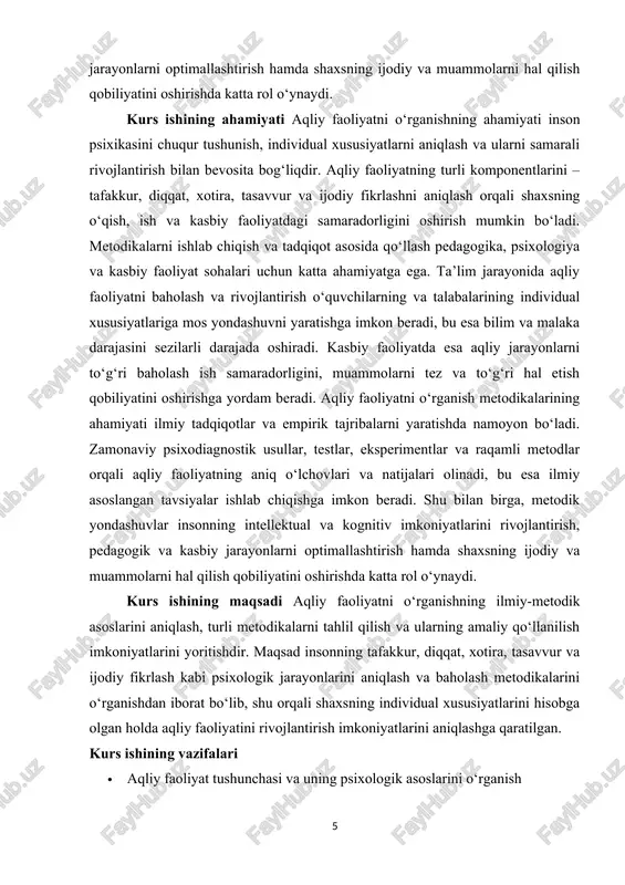 yalar ishlab chiqish mavzuning obyekti: aqliy faoliyatni o‘rganish jarayoni, uning turli psixologik komponentlari va insonning kognitiv imkoniyatlari. mavzuning predmeti: aqliy faoliyatni baholash, o‘lchash va rivojlantirish metodikalarining mohiyati, usullari va amaliy qo‘llanilishi. ushbu kurs ishining tarkibiy tuzilishi kirish ikki asosiy bob 6 paragrafdan xulosa va foydalanilgan adabiyotlardan iborat. i.bob aqliy faoliyatning psixologik asoslari 1.1 aqliy faoliyat tushunchasi va psixologiyadagi o‘rni aqliy faoliyat inson psixikasining eng murakkab va markaziy jarayonlaridan biri bo‘lib, uning asosiy vazifasi shaxsning muammolarni hal qilish, qaror qabul qilish, bilim olish, o‘rganish va ijodiy fikrlash qobiliyatini ta’minlashdan iborat. psixologiya fanida aqliy faoliyat insonning ichki kognitiv jarayonlarini, shu jumladan tafakkur, diqqat, xotira, tasavvur, tahlil va sintez kabi psixologik funksiyalarini o‘rganishga qaratilgan. aqliy faoliyatni o‘rganish shaxsning individual xususiyatlarini aniqlash va uning intellektual salohiyatini rivojlantirish imkonini beradi. psixologik tadqiqotlar shuni ko‘rsatadiki, aqliy faoliyat nafaqat ma’lumotlarni qayta ishlash va ularni xotirada saqlashdan iborat, balki insonning turli vaziyatlarda mantiqiy va ijodiy qarorlar qabul qilishi, …