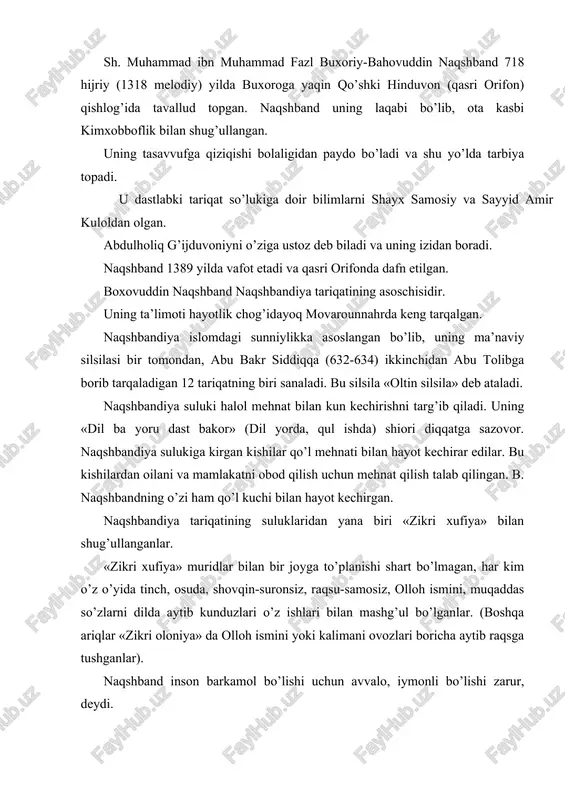 buzuqligidir. arabni saqlash-muhabbat samarasi, yana muhabbat daraxti, muhabbat urug’idir.» shu narsa ma’lumki, naqshbandiya tariqati odob-axloq tariqati, bu tariqat insonning ma’naviy-axloqiy kamolga etish uchun qay darajada hulq-odob talablariga javob berishi, uni egallab olishiga bog’liqdir. naqshbandiya tariqatida har bir insonning halol, pok bo’lishi, kamtar, samimiy bo’lishi, iymon va e’tiqodini mustahkam tutishi, dilda xudoni jo etib, amalda xalq bilan birga bo’lish kabi buyuk xislatlarni tarkib toptirish yotadi. xoja bahouddin shogirdlariga murojaat qilib, «shamga o’xshagin, toki hammaga ravshanlik bag’ishla, o’zing esa qorong’uda bo’l», deydi. naqshband xikmatlarida komil insonni tarbiyalash uslublari ham mavjud. naqshband shunday yozadi: «suhbatimizga etishgan guruhlardan ba’zilari shundayki, ularning ko’ngillarida muhabbat urug’i bor, ammo xalaqit beruvchi xasu-xashaklar tufayli o’solmaydi, bizga esa uni sozlash lozim. ba’zilarida muhabbat urug’i yo’q bizga esa uni paydo qilish lozim.» naqshbandiya suluki (xudoga yaqinlashish yo’li) o’n bitta axloqiy qoidani ishlab chiqdi va amaliyotga tadbiq etdi. so’fining poklanishi va xudoga etish darajasi ma’naviy murabiy-shayx murshid yoki pir tomonidan amalga …