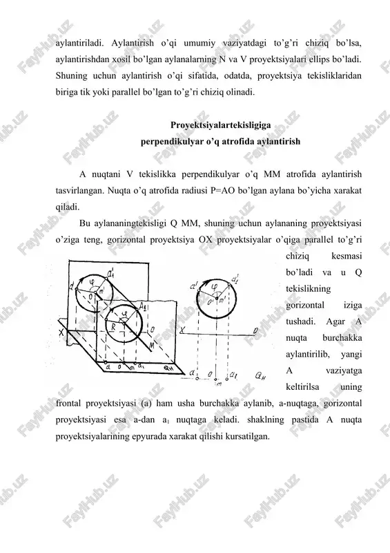 r o’z joyini o’zgartirmaydi. bu erda b va c nuqtalarning yangi vaziyatlarini topish kerak. xar bir nuqta ad gorizontal atrofida gorizontal proyektsiyalovchi tekislik bo’yicha aylanadi, demak nuqtaning gorizontal proyektsiyasiaylantirish o’qining gorizontal proyektsiyasiga perpendikulyar to’g’ri chiziq bo’yicha, frontal proyektsiyasi esa ellips bo’yicha xarakat qiladi. tyokis shakl n ga parallel vaziyatga kelganda, undagi xar bir nuqtaning radiusi n tekislikka o’z kattaligida proyektsiyalanadi, v tekislikdagi proyektsiya gorizontalning frontal proyektsiyasiga tushadi. berilgan abc ni uning gorizontali atrofida aylantirib, n ga parallel vaziyatga keltirish uchun yasashni tubandagi tartibda bajaramiz; 1) v dan ad tushiramiz v0 ad. epyurada bo ad bo’ladi, keyin o ni topib, uni bilan to’tashtiramiz. 2) v nuqta uchun aylantirish radiusining xaqiqiy mikdori ov ni yasaymiz. 3) ov q r kesmani aylantirib, ni topamiz. 4) chiziqning davomi bilan s dan ad ga tushirilgan perpendikulyarning kesishuv joyida topamiz. adabiyotlar: 1. sobitov e. "chizma geometriya kursi". "o’qituvchi" toshkent – 1993 y. 2. davletov s. "chizma …