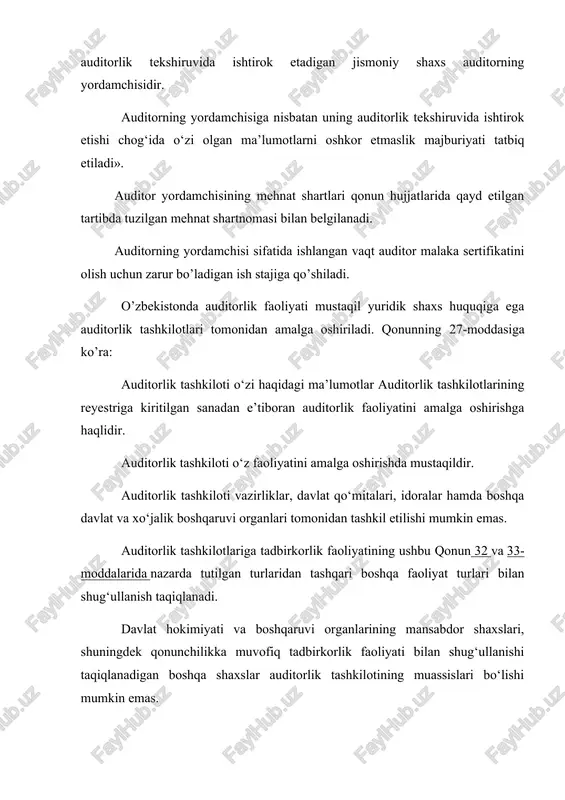 rlik faoliyatini tugatish to‘g‘risida qaror qabul qilishi shart. ushbu moddaning oltinchi qismi talablariga nomuvofiqlik bartaraf etilguniga qadar auditorlik tashkiloti tomonidan auditorlik tekshiruvlari o‘tkazish taqiqlanadi. auditorlik tashkilotining filiali tashkil etilganda filial rahbari auditor bo‘lishi kerak. auditorlik tashkilotining firma nomida “auditorlik tashkiloti” degan so‘z birikmasi bo‘lishi va bu nom boshqa auditorlik tashkilotlarining firma nomlari bilan adashtirib yuborish darajasida bir xil yoki ularga o‘xshash bo‘lgan belgilarni o‘z ichiga olmasligi kerak. o‘zi haqidagi ma’lumotlar tadbirkorlik subyektlarining yagona davlat reyestriga kiritilgan sanadan e’tiboran uch oy davomida u to‘g‘risidagi ma’lumotlar auditorlik tashkilotlarining reyestriga kiritilmagan tijorat tashkiloti o‘z nomida “auditorlik tashkiloti” degan so‘z birikmasidan foydalanishga haqli emas. auditorlik tashkiloti auditorlik tashkilotlarining reyestridan chiqarilgan taqdirda, auditorlik faoliyatini amalga oshirishga va firma nomida “auditorlik tashkiloti” degan so‘z birikmasidan foydalanishga yo‘l qo‘yilmaydi. auditorlik tekshiruvlari ishlab chiqarishni rejalashtirish va tashkil etish, korxonadagi tartib, mehnat va texnologik intizomni, tovar-moddiy zahiralarning omborlar va boshqa saqlash joylaridagi hisobi, mulklarning saqlanishi, hisob-kitoblar holati va korxona …