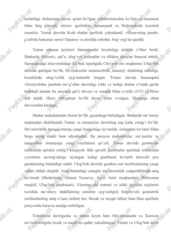 lari, bibixonim masjidi, ulug‘bek madrasasi). ularning old tomoni va ichki qiyofasi rejalarini tuzishda me’moriy shakllarning umumiy uyg‘unligini belgilovchi geometrik tuzilmalarning aniq o‘zaro nisbati bor. bezak va sayqal ishlari ham bino qurilishi jarayonida baravar amalga oshirilgan. temuriylar davrigacha va undan keyin ham movarounnahr va xuroson me’morchiligida bezak va naqsh bu qadar yuksalmagan. temur va ulug‘bek davri me’morchiligida bezakda ko‘p ranglilik va naqshlar xilma-xilligi kuzatiladi. epigrafik bitiklarni binoning maxsus joylariga, xattotlik san’atini mukammal egallagan ustalar olti xil yozuvda ishlagan. koshin qatamlarida tasvir mavzui kam uchraydi. oqsaroy peshtoqlarida sher bilan quyoshning juft tasviri uchraydiki, bu ramziy ma’noga ega. temur va ulug‘bek davrida bino ichining bezagi ham xilma-xil bo‘lgan. devor va shift, hatto gumbaz ham naqsh bilan ziynatilgan. temur davrida qurilgan binolarda ko‘k va zarhal ranglar ustun bo‘lib, dabdabali naqshlar ishlangan, ulug‘bek davrida xitoy chinnisiga o‘xshash oq fondagi ko‘k naqshlar ko‘p uchraydi. bu davrda diniy inshootlar, hukmdor saroylari, aslzodalarning qarorgohlari ko‘plab qurildi. temur hindiston …