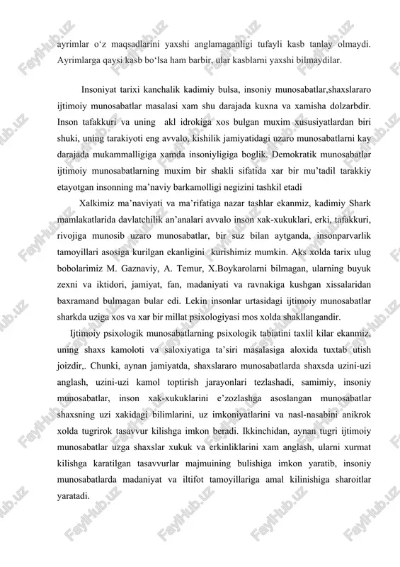 uchun muxim bo‘lgan shaxslararo munosabatlar tizimini yaratish imkoniyati bormi?bu fikrni paydo bo‘lishiga sabab- ayrim tadqiqodchilarda jamiyat ta’siridan ko‘ra ,shaxsning bevosita o‘z muxiti, xattoki, yolg‘izlik xam ijobiy omil bo‘lishi xam mumkin, degan fikrlar xam yo‘q emas. olimlarning ta’kidlashicha, yaponlar tarbiya maktabida «maritao» deb nomlanuvchi tizim mavjud ekanki,unga ko‘ra, o‘smir yoki o‘spirin ma’lum taraqqiyot bosqichida yolg‘izlikka maxkum etilar ekan.bunda uning g‘orga,shunga o‘xshash joyga `yolg‘iz qamab qo‘yishar, xatto o‘zi bilan o‘zi muloqat qilishi xam ta’qiqlanarkan.g‘arb tadqiqodchilari (l.semeonova va b.) ushbu jarayonning pisixolik moxiyatini talqin qilar ekan lar, uning 2ta jixatiga e’tibor qaratiladi: bir tomondan bu narsa ijobiy samara berishi mumkin, chunki odam o‘zini -o‘zi anglash ,o‘ziga xolis baxo berish ,ijodiy rivoji uchun zarur imkoniyatni o‘zidan qidirishga muyassar bo‘ladi. lekin 2-jixati xam borki unda odam o‘zgalarda xuddi oynaga qaraganday o‘z aksini ko‘radi, shu tufayli u kishilar jamiyati talab va qoidalariga bo‘ysunish, o‘z-o‘zini mukammallashtirish imkoniyatidan maxrum bo‘ladi. ma’lumki, sufiylar xam islom olamida o‘ziga xos ruxiy …