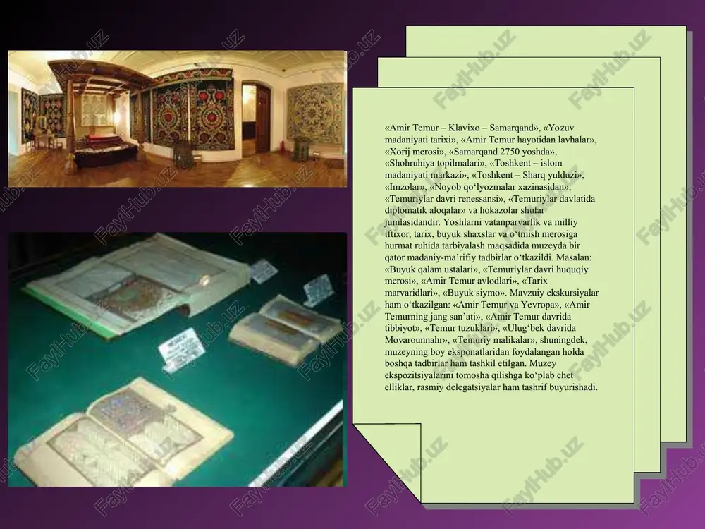 1x asr oxiri – xx asr boshlarida toshbosma usulida bosilgan darsliklar haqida” (2010–2011-yy.) loyihasiga muvofiq quyidagi natijalarga erishildi: mavzuning o‘rganilish darajasi tahlil qilinib, manbalar bilan ish olib borildi va ular uchta asosiy guruhga ajratildi: 1) o‘rta osiyodagi ma’rifat tizimidagi maktablar; 2) rus-tuzem maktablari; 3) jadidlar tomonidan ochilgan yangi usul maktablari uchun mo‘ljallangan kitob va qo‘llanmalar. “virtual ko‘rgazmalar va ularning ilmiy-amaliy asoslari” (temuriylar davri tarixi davlat muzeyi ko‘rgazmalari asosida) (2010 – 2011-yy.) loyihasiga muvofiq quyidagilarga erishildi: “amir temur va temuriylar davri me’morchiligi” ko‘rgazma konsepsiyasi va mavzuiy-ekspozitsion rejasi ishlab chiqildi. temuriylar tarixi davlat muzeyining ochilish marosimida so'zlangan nutq, 1996 yil 18 oktyabr. assalomu alaykum, aziz vatandoshlar! o'urmatli mehmonlar! qadrli oqsoqollar, muhtaram ulamolar! bugungi muborak juma tongida alloh taolo barchamizni yana bir xayrli kunga etkazdi. sohibqiron bobomiz -hazrati amir temur ruhini shod qilib, u zot tavalludining tabarruk 660 yilligini nishonlamoqdamiz. biz bugun muqaddas islom dinimiz buyurgan bir farz-ni - o'tgan ajdodlarimizning ruhlarini xotirlash …