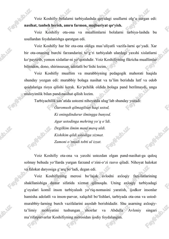 iy siymolar haqidagi qissalardan, xalq og‘zaki ijodidan olib yozilgan, qayta ishlangan hikoya va naqllardan iborat. “qissai rabg‘uziy”dagi asosiy g‘oya xudoga itoat qilish gunoh ishlardan saqlanish, birovga zulm qilmaslik, xalq orasida to‘g‘ri, odil hukm chiqarish, zino qilmaslik, sharob ichmaslik, qon to‘kmaslik, xiyonat qilmaslik, ota-onani hurmatlash, ularga xizmat qilish, bolani to‘g‘ri tarbiyalash, jamiyat manfaatini shaxsiy manfaatdan ustun qo‘yish, adolat uchun kurashish, do‘stlik va biro-darlik, yaxshilikka intilish, yomonlikdan qochish kabi ezgu fazilatlarni targ‘ib qilishdir. aksariyat qissalarda, jumladan, dovud alayhissalom, yusuf alayhissalom va sulaymon alayhissalom qissalarida yuksak insonparvarlik, rostgo‘ylik, halollik, jasorat va matonat, imon-ning butligi, vijdonning pokligi, barcha insonlarga birdek munosabatda bo‘lish singari eng olijanob xislatlar ulug‘lanadi. xususan, yusuf timsolida komil inson, haqiqiy ishq fidoyisi gavdalantirilgan. ¡sh yusuf otasini deb, olloni yodda tutib, aka-lari tomonidan sodir etilgan munofiqlik azoblariga, ishq kuyidagi barcha iztiroblarga bardosh beradi, matonatlilik namunasini ko‘rsatadi. “qaldirg‘och va qovoqari”, “otlar hikoyasi”, “momo xavo va shayton”, “luqmon hikoyati” singari qator hikoya va naqllarda …