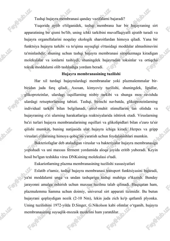biologiyaning sitologiya deb ataladigan bo'limidir. olimlar uning ichida joylashgan hujayraning tarkibi ancha murakkab ekanligini aniqladilar. u tashqi hujayra membranasi, membrana ustki tuzilmalari: glikokaliks va mikrofilamentlar, pelikula va uning submembran kompleksini tashkil etuvchi mikronaychalarni o'z ichiga olgan sirt apparati bilan o'ralgan. ushbu maqolada biz har xil turdagi hujayralarning sirt apparatining bir qismi bo'lgan tashqi hujayra membranasining tuzilishi va funktsiyalarini o'rganamiz. tashqi hujayra membranasi qanday vazifalarni bajaradi? yuqorida aytib o'tilganidek, tashqi membrana har bir hujayraning sirt apparatining bir qismi bo'lib, uning ichki tarkibini muvaffaqiyatli ajratib turadi va hujayra organellalarini noqulay ekologik sharoitlardan himoya qiladi. yana bir funktsiya hujayra tarkibi va to'qima suyuqligi o'rtasidagi moddalar almashinuvini ta'minlashdir, shuning uchun tashqi hujayra membranasi sitoplazmaga kiradigan molekulalar va ionlarni tashiydi, shuningdek hujayradan toksinlar va ortiqcha toksik moddalarni olib tashlashga yordam beradi. hujayra membranasining tuzilishi har xil turdagi hujayralardagi membranalar yoki plazmalemmalar bir-biridan juda farq qiladi. asosan, kimyoviy tuzilishi, shuningdek, lipidlar, glikoproteinlar, ulardagi oqsillarning nisbiy tarkibi …