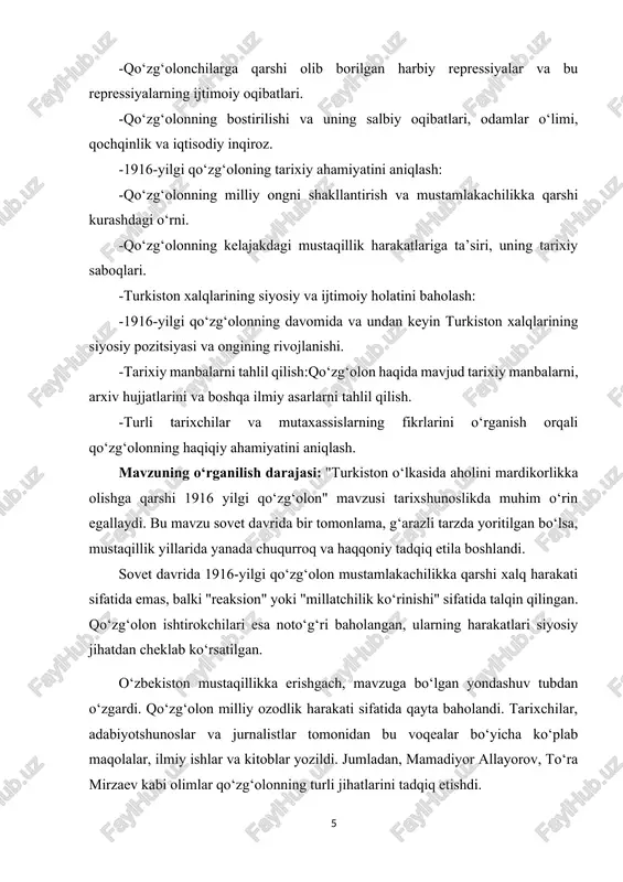 ki voqea o‘zaro bog‘liq holda, turkiston xalqlarining siyosiy ongini shakllantirishga va kelajakdagi milliy ozodlik harakatlariga ta’sir ko‘rsatdi. birinchi jahon urushi boshlanishi bilan rossiya imperiyasi o‘zining mustamlakalarini, jumladan turkistonni, urush iqtisodiyotiga jalb qildi. urushda qatnashish uchun rossiya imperiyasi ko‘plab resurslarni, jumladan ishchi kuchini ham frontga yo‘naltirdi. bu, o‘z navbatida, turkiston aholisining ijtimoiy va iqtisodiy hayotini yomonlashtirdi.rossiya imperiyasi urushning ehtiyojlariga javob berish maqsadida, turkistonning qishloq xo‘jaligini, savdo-sotiqni va sanoatni o‘z nazoratiga oldi. urush davrida ko‘plab ishlab chiqarish obyektlari va erkin savdo bitimlari to‘xtadi, bu esa o‘lkadagi iqtisodiy vaziyatni og‘irlashtirdi. aholining kundalik ehtiyojlari uchun zarur bo‘lgan mahsulotlar narxi ko‘tarildi, ta’minotdagi uzilishlar kuchaydi. 1916-yilning 25-iyunida rossiya imperiyasi tomonidan chiqarilgan farmon bilan turkiston aholisidan majburiy mehnatga jalb qilish boshlandi.[footnoteref:1] farmonda, urushning ehtiyojlari uchun, turkistonning barcha aholisini, ayniqsa, qishloq aholisi va dehqonlarni, ishlashga safarbar qilish belgilangan edi. buning natijasida, ko‘plab oilalar o‘z yerlaridan va xo‘jaliklaridan ayrilib, yurtlarini tark etishga majbur bo‘ldi. mardikorlikka olib borilgan majburiyatlar va …