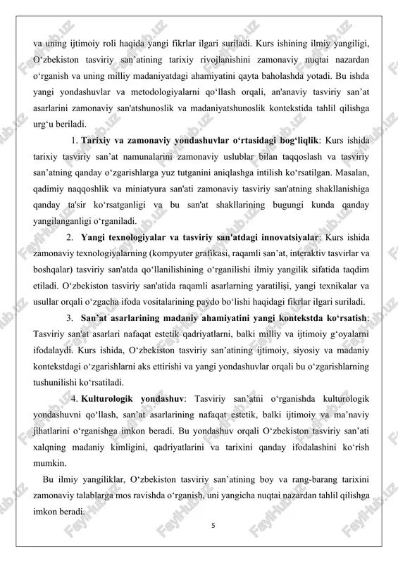 lishlar bo‘yicha amalga oshirilgan: o‘zbekiston tasviriy san’ati tarixiga oid asarlar:o‘zbekiston tasviriy san’ati tarixini o‘rganishga bag‘ishlangan bir qancha ilmiy asarlar mavjud. ulardan biri m. xudoyberganovning "o‘zbekiston tasviriy san’ati tarixi" nomli kitobidir. ushbu asarda, yurtimizdagi tasviriy san’atning qadimdan hozirgi kungacha bo‘lgan davrini tahlil qilinadi, miniatyura san'ati, naqqoshlik va gilamchilik kabi san’at turlarining rivojlanish jarayoni yoritiladi.[footnoteref:3] t. g’ulomovning "o‘zbekiston tasviriy san’ati: an’analar va zamonaviylik" nomli kitobi ham tasviriy san’atning o‘ziga xos yo‘nalishlarini o‘rganishga qaratilgan.[footnoteref:4] ushbu asarda o‘tmishdan bugungi kungacha bo‘lgan tasviriy san’at turlarining o‘zgarishi va rivojlanishi tahlil qilinadi. tasviriy san’at va madaniyatshunoslik: madaniyatshunoslikka oid asarlar tasviriy san’atning ijtimoiy ahamiyatini tushunishga yordam beradi. a. karimovning "o‘zbekiston madaniyati va san'ati" nomli kitobi, yurtimizdagi san’at va madaniyatni o‘rganishga bag‘ishlangan muhim manba hisoblanadi. [footnoteref:5]kitobda san’at asarlarining xalqning kundalik hayoti, urf-odatlari va qadriyatlari bilan bog‘liqligi tahlil qilinadi. zamonaviy tasviriy san’at:zamonaviy tasviriy san'at haqida yozilgan ilmiy maqolalar va kitoblar ham juda ko‘p. s. yusufovning "zamonaviy o‘zbek san’ati" asari, zamonaviy …