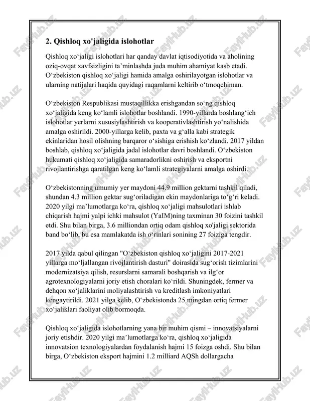 shakllari mavjud bo'lib, ular har bir mamlakatning o'ziga xos iqtisodiy va siyosiy holatiga bog'liq. oshkor ma'lumotlar asosida ba'zi mamlakatlardagi xususiylashtirish jarayonlarini ko'rib chiqamiz. 1. rossiya federatsiyasida xususiylashtirish, xususan 1990-yillarning boshida keng miqyosda amalga oshirildi. avvaliga "vaucher" xususiylashtirish usuli qo'llanildi, bu esa mamlakatdagi ko'plab korxonalarni tez fursat ichida xususiylashtirish imkonini berdi. 1992-1994 yillarda rossiyada taxminan 15 ming kompaniya xususiylashtirilgan, bu esa jami yirik va o'rta sanoat korxonalarining 80 foiziga to'g'ri keladi. 2. polshada xususiylashtirish jarayonlari ham 1990-yillarda boshlangan. polsha hukumati ko'plab davlat mulklarini xususiy sektorga o'tkazdi va 1990-2000 yillar oralig'ida 6000 dan ortiq davlat korxonasi xususiy qo'llarga o'tkazildi. polshada xususiylashtirishning o'ziga xos boshlang'ich rejasi mavjud edi, unda aholiga mulklar vahidiy cheklar shaklida tarqatildi. 3. ukrainada xususiylashtirish jarayonlari 1992 yilda boshlangan va dastlab, xususiylashtirish sertifikatlari samarali tarqatilish tizimi yo'lga qo'yildi. ukrainada o'n yil ichida 40 mingdan ziyod davlat korxonasi xususiylashtirilgan. o'zbekistonda ham xususiylashtirish jarayoni 1992 yilda boshlandi. dastlabki yillarda xususiylashtirish ko'proq kichik …
