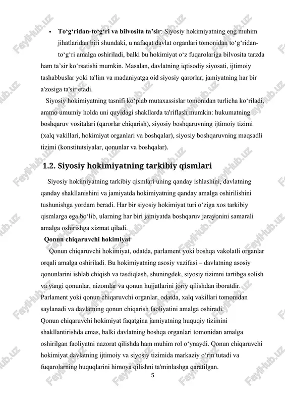 nlarga asoslanadi. sud hokimiyati, odatda, fuqarolarning huquqlarini himoya qilish uchun davlat tomonidan ta'minlangan barcha imkoniyatlardan foydalanadi. sud hokimiyatining vazifalari jamiyatdagi huquqiy nizolarni hal qilish, jinoyatlarni jazolash va fuqarolarning qonuniy manfaatlarini himoya qilishdan iboratdir. sud hokimiyatining mustaqilligi, uning jamiyatda adolatni ta'minlashdagi muhim vazifalarini samarali bajarishiga imkon beradi. 1.3. siyosiy hokimiyatning vazifalari va funksiyalari siyosiy hokimiyat jamiyatda turli vazifalarni bajaradi va jamiyatning rivojlanishiga katta ta’sir ko‘rsatadi. bu vazifalar ijtimoiy, iqtisodiy va siyosiy tizimni boshqarish, fuqarolarni himoya qilish, jamiyatda barqarorlikni ta'minlash va davlatning xavfsizligini saqlash kabi keng qamrovli funksiyalarni o‘z ichiga oladi. tartibni saqlash va xavfsizlikni ta’minlash siyosiy hokimiyatning eng asosiy vazifalaridan biri jamiyatda tartibni saqlashdir. davlat o‘z fuqarolarining xavfsizligini ta'minlash, jinoyatchilikka qarshi kurashish va ijtimoiy xavfsizlikni saqlash uchun hokimiyat vositalaridan foydalanadi. buning uchun davlat maxsus xizmatlar, huquqni muhofaza qilish organlari va xavfsizlik tizimlarini tashkil etadi. iqtisodiy siyosatni amalga oshirish siyosiy hokimiyat davlatning iqtisodiy siyosatini amalga oshiradi. iqtisodiy siyosat davlatning iqtisodiy rivojlanishi, resurslarni …