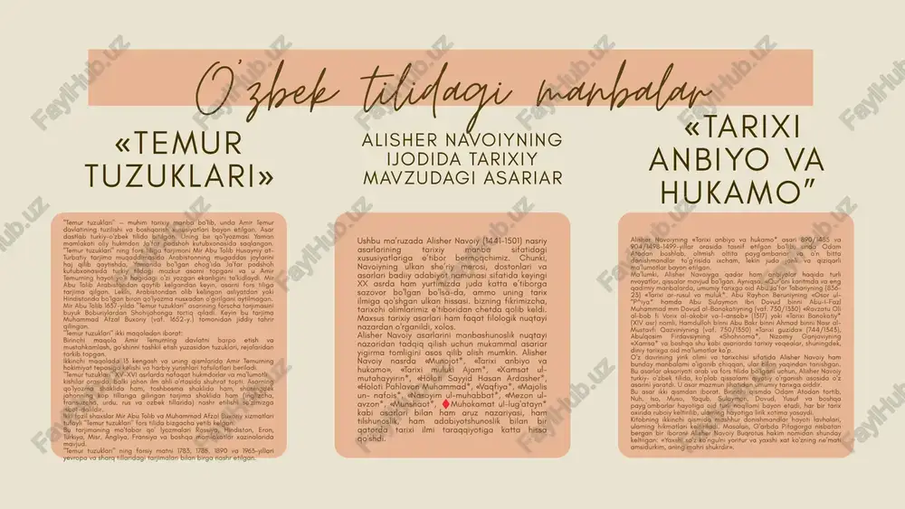 anokatiyning (vaf. 730/1330) «ravzatu oli al-bob fi vorix al-akobir va-l-ansob» (1317) yoki «tarixi banokatiy* (xiv asr) nomli, hamdulloh binni abu bakr binni ahmad binni nasr al-mustavfi qazviniyning (vaf. 750/1350) «tarixi guzida» (744/1343), abulqosim firdavsiyning «shohnoma*, nizomiy ganjaviyning «xamsa* va boshqa shu kabi asariarda tarixiy voqealar, shuningdek, diniy tarixga oid ma’lumotlar ko'p. o'z davrining yirik olimi va tarixchisi sifatida alisher navoiy ham bunday manbalami o'iganib chiqqan, ular bilan yaqindan tanishgan. bu asarlar aksariyati arab va fors tilida bo'lgani uchun, alisher navoiy turkiy- o'zbek tilida, ko'plab qissalami qiyosiy o'rganish asosida o‘z asarini yaratdi. u asar mazmun jihatidan umumiy tarixga oiddir. bu asar ikki qismdan iborat. birinchi qismda odam atodan tortib, nuh, iso, muso, yaqub, sulaymon, dovud, yusuf va boshqa payg'ambarlar hayotiga oid turli naqllami bayon etadi, har bir tarix oxirida ruboiy keltirilib, ulaming hayotiga lirik xotima yasaydi. kitobning ikkinchi qismida mashhur donishmandlar hayoti lavhalari, ulaming hikmatlari keltiriladi. masalan, g'arbda pifagorga nisbatan bergan …