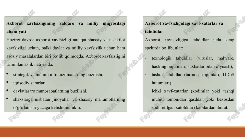 izimli ravishda qo‘llashni anglatadi. bu usullar va texnologiyalar bilan ta’minlangan xavfsizlik strategiyasi, avvalo, hujumlarni erta aniqlash, ularni bartaraf etish va tahdidlar bilan kurashishda maksimal samaradorlikka erishishga xizmat qiladi va tashkilotlarning axborot muhitini barqaror va xavfsiz holda ushlab turishga yordam beradi. 3. axborot xavfsizligini ta'minlashda yuzaga keladigan muammolar va tahdidlar axborot xavfsizligini ta’minlash uchun foydalaniladigan himoyalash vositalari tarmoq sathida, operatsion tizimda va ilovalar sathida ishlash mumkin. bu vositalar tizimlarni tekshirishlarni bosqichma-bosqich oshirish, axborot tizimiga “ichkarilab kirish” usullari orqali zaifliklarni aniqlash va ularni bartaraf etish uchun mo‘ljallangan. tarmoq sathida, ayniqsa, internet va korporativ tarmoqlarni himoyalashda bo‘ladigan zaifliklarni topish uchun maxsus tekshiruvlar o'tkaziladi. bu tekshiruvlar kompyuterlarning ochiq portlarini, protokollarni va operatsion tizim versiyalarini aniqlash bilan boshlanadi, shuningdek, ko‘p tarqalgan hujum turlaridan, masalan, parollarni tanlash yoki boshqa to‘liq saralash usullari bilan suqilishlarni imitatsiyalash uchun harakatlar amalga oshiriladi. shu bilan birga, mazkur tushunchalar asosida, korporativ tarmoqdagi xavfsizlik darajasi baholanadi va zaif joylari aniqlanadi, shuningdek, ichki …