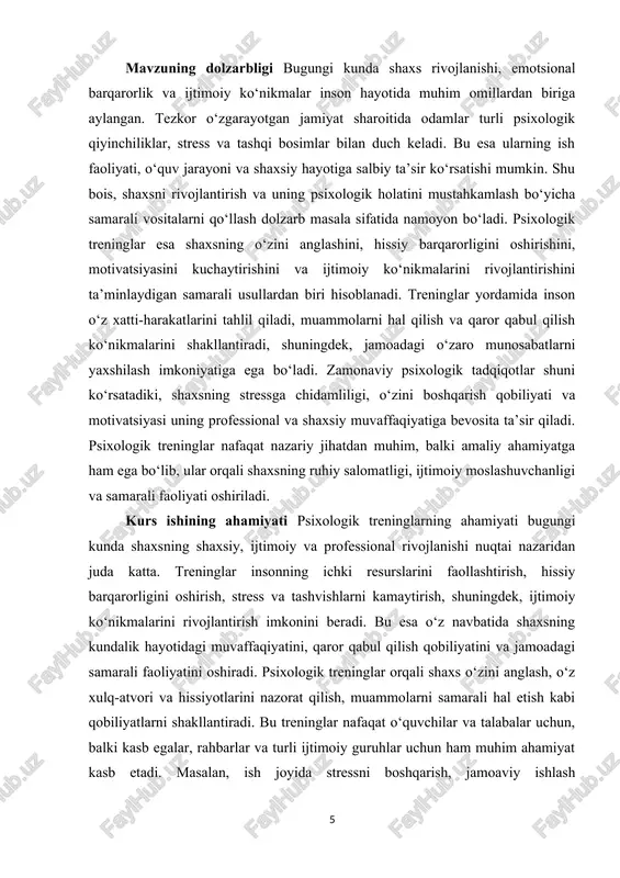 ulq-atvori, hissiyotlari va qaror qabul qilish qobiliyatini rivojlantiradilar.[footnoteref:2] [2: qodirova, m. ijtimoiy muhitda muloqot psixologiyasi. toshkent sharq nashriyoti, 2021.] treninglar shaxsning o‘z-o‘zini anglash, ichki resurslarini faollashtirish va shaxsiy o‘sishiga yordam beruvchi vosita sifatida xizmat qiladi. psixologik trening tushunchasi bir qancha asosiy komponentlardan iborat: birinchidan, bu – maqsadga yo‘naltirilgan mashg‘ulotlar tizimi, ya’ni trening aniq belgilangan maqsadga – shaxsning psixologik rivojlanishini oshirishga qaratilgan. ikkinchidan, bu – interaktiv jarayon, unda ishtirokchilar faol ravishda o‘z hissiyotlari, fikrlari va xulq-atvori bilan ishlaydilar. uchinchi komponent – feedback va tahlil, ya’ni ishtirokchilar o‘z faoliyatini baholaydilar, ustida ishlaydilar va o‘z xatti-harakatlarini takomillashtiradilar. psixologik treninglar nafaqat shaxsning ichki psixologik holatini mustahkamlashga, balki uning ijtimoiy ko‘nikmalarini rivojlantirishga ham xizmat qiladi. misol uchun, treninglar yordamida shaxs o‘zining muloqot qobiliyatini oshiradi, jamoadagi samarali hamkorlik ko‘nikmalarini rivojlantiradi, muammolarni hal qilish va qaror qabul qilish jarayonida ongli va maqsadli harakat qiladi. psixologik treninglar nafaqat shaxsiy rivojlanish, balki professional faoliyatda ham samarali vosita hisoblanadi. psixologik …