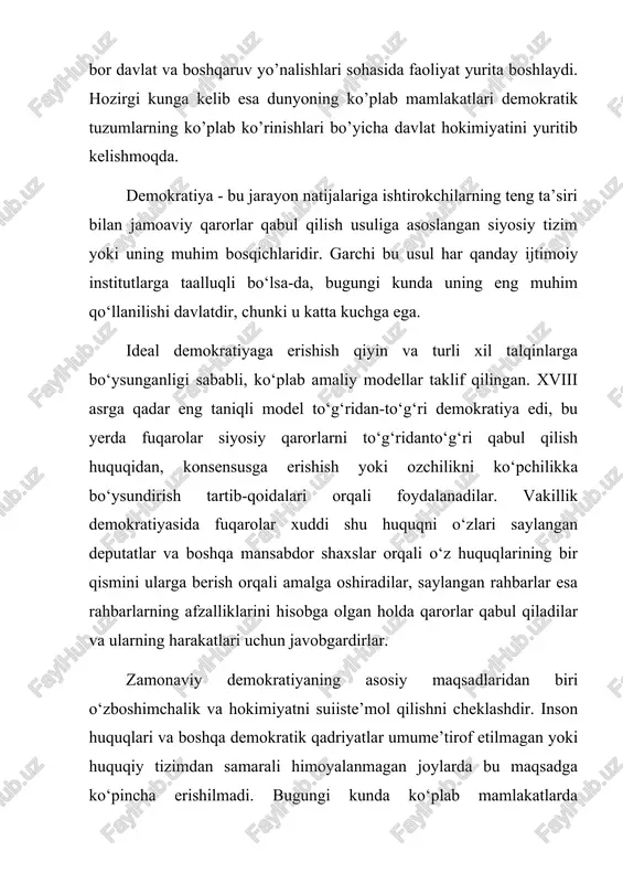 adigan, himoya qiladigan qadriyatlardir. demokratiya fuqarolarning tengligini ta’minlashi zarur. ijtimoiy taraqqiyot hech qachon tayyor nazariy modellar, konsepsiyalarga muvofiq kechmagan, jamiyat hayotida, davlat boshqarishida kutilmagan hodisalar, korreksiyaga muhtoj holatlar mudom, har kuni uchraydi. shuning uchun ijtimoiy taraqqiyot rang-barang boshqarish usullaridan foydalanish natijasidir, ammo bu jamiyatni, davlatni ma’lum bir konsepsiyalar nuqtai nazaridan taraqqiy ettirish ham mumkinligini inkor qilmaydi. ijtimoiy taraqqiyot mudom plyuralistik va konsensusli yondashuvlarni, ayniqsa demokratiya sharoitida, ziddiyatli qarashlarni uyg‘unlashtirishni taqozo etadi, shuning uchun ham taraqqiyot ziddiyatlar, rang baranglik uyg‘unligidir. mutlaq demokratiya yo‘q, har qanday demokratiya modelida u yoki bu darajada kamchilik, xato, nomukammallik mavjud. demokratik taraqqiyotning turli izlanishlar, xatolarni to‘g‘irlash va yangi yondashuvlarni izlash orqali ro‘y berishi tabiiy holdir. demokratiyaning barcha davlatlarga birdek muvofiq keladigan modeli yo‘q. demokratiya tushunchasiga oid 300 oshiq talqinlar bor. goho ular bir biriga zid. demak, demokratiya xalqning davlat va jamiyatni boshqarish ishlaridagi ishtiroki, degan mumtoz ta’rifga tayanish maqsadga muvofiqdir. o‘zbekistonda demokratik jamiyat barpo etishda milliy …