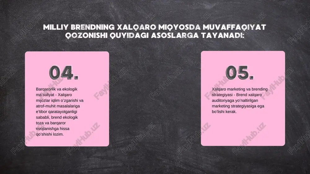 global texnologiya sektorida yetakchilikka erishgan. milliy brendni xalqaromilliy brendni xalqaro bozorda muvaffaqiyatlibozorda muvaffaqiyatli rivojlantirish yoʻllaririvojlantirish yoʻllari 01. 02. 03. 04. xalqaro koʻrgazmalar, biznes forumlar va tadbirlarda faol ishtirok etish; brendni xalqaro bozorda ilgari surish uchun innovatsion marketing vositalaridan foydalanish; mahsulotlarni diversifikatsiya qilish va yangi segmentlarga chiqish. xalqaro sertifikatlarga ega boʻlish va global talablar asosida mahsulot ishlab chiqarish; xulosa:xulosa: milliy brendni xalqaro darajaga olib chiqish - murakkab, ammo samarali strategik jarayondir. sifatli mahsulot, to ʻg ʻri marketing strategiyasi, innovatsiya va davlat tomonidan qo ʻlllab- quvvatlash kabi omillar ushbu jarayonning muvaffaqiyat kalitidir. o ʻzbekiston kabi rivojlanayotgan mamlakatlar milliy mahsulotlarini jahon bozoriga olib chiqish orqali iqtisodiy o ʻsishga erishishlari va o ʻz brendlarini dunyoga tanitishlari mumkin. thank youthank you very much!very much! www.reallygreatsite.com