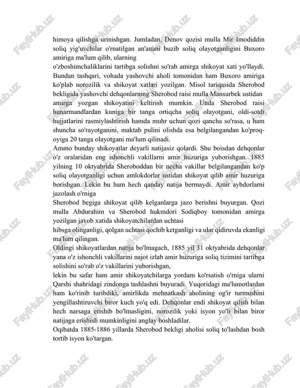 b haydaydi. mahalliy hokimiyatning quyi qatlamlari ham g'alayonni qo'llab-quvvatlaydilar. sherobod bekligidagi ushbu norozilik chiqishlari buxoro amirini ancha cho'chitib qo'ydi va u biroz bo'lsa-da, dehqonlarga yon berishga majbur bo'ldi. g'alayon natijasida buxoro amiri sherobod bekligida yangi to'lov tartibini joriy qilishga majbur bo'ldi, lekin bu yangi to'lov ham dehqonlarni qoniqtirmaydi. shundan keyin ham ular 30-40 kun davomida soliq to'lashdan bo'yin tovlashgan. bu gal buxoro amiri shikoyatni o'z joyida o'rganish uchun bobojon jevachini sherobodga jo'natgan. bobojon jevachining sherobodga kelishi ham dehqonlar uchun hech narsani o'zgartirmaydi. ikki marta qilingan shikoyat natijasiz qolgandan so'ng, sherobodlik dehqonlar buxoro amiriga uchinchi bor shikoyat qilishgan. endilikda kichik qishloq amaldorlari hamda boy dehqonlar ham mahalliy aholini qo'llab-quvvatlab, soliq yig'uvchilarning xatti-harakatlaridan norozi ekanliklarini bildirdilar. ariza va noroziliklar ko'payib ketganligidan cho'chigan amir shikoyatlarni o'rganish uchun buxorodan mulla sharof miroxo'rni sherobodga yuborgan va undan taftish o'tkazishni talab qilgan. o'tkazilgan taftish natijasida soliq yig'uvchilar va amlokdorlar tomonidan shariat qonunlari qo'pol ravishda buzilganligi aniqlangan. …