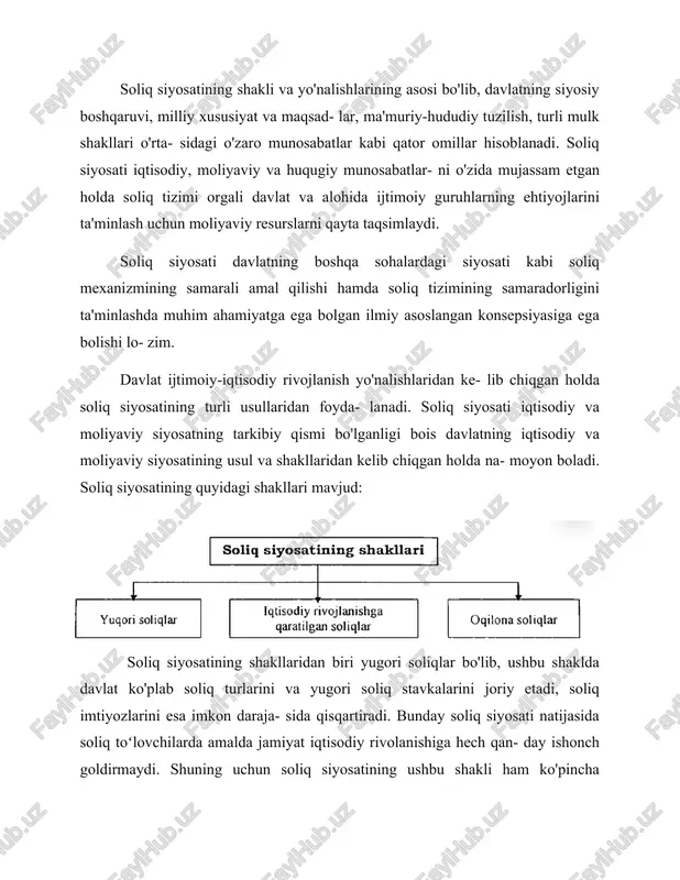 soliq muhitini yaratish orgali investitsion faollik rag'batlantiriladi va kapital jamg'arish imkoniyatlari kengaytiriladi. bunday soliq siyosati xx asrning 80-yillarida aqshda samarali joriy etildi va "reyganomika" nomini oldi. soliq siyosatining uchinchi shakli ogilona soliqlar hisob- lanib, birinchi va ikkinchi shakllar o'rtasidagi shakl hisob- lanadi. ushbu soliq siyosatining mohiyati shundan iboratki, yuridik va jismoniy shaxslarga yugori soliqlar o'rnatilishi bi- lan bir vaqtda fuqarolarning ijtimoiy himoyasi ham kengaytiriladi, davlatning ijtimoiy dasturlari oshiriladi. 2.3. soliqlar siyosatining tamoyillari soliqqa tortish tamoyillari va soliq qonunchiligi tamoyillari muayyan o'xshashlikka ega va ularni to'liq hayotga tatbiq etish iqtisodiyotni rivojlantirishning muhim vazifalaridan biridir. o'zbekiston respublikasi soliq kodeksida esa soliqqa tortish tamoyillari oʻrniga soliq to'g'risidagi qonun hujjatlarining prinsiplari, deb atalib, uning oltita prinsipi (5-modda) belgilab berilgan: soliq solishning majburiyligi prinsipi; har bir shaxs ushbu kodeksda belgilangan soliqlar va boshqa majburiy to'lovlarni to'lashi shart. hech kimning zimmasiga ushbu kodeksda nazarda tutilmagan yoki uning normalari buzilgan holda belgilangan soliqlar va boshqa majburiy to'lovlarni …