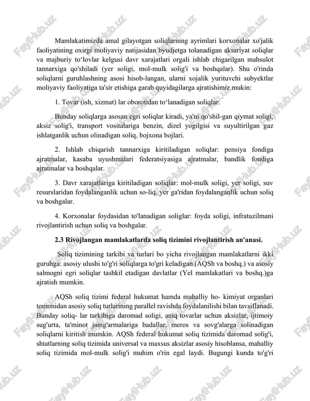 malar, bandlik fondiga ajratmalar va boshqalar. 3. davr xarajatlariga kiritiladigan soliqlar: mol-mulk soligi, yer soligi, suv resurslaridan foydalanganlik uchun so-liq, yer ga'ridan foydalanganlik uchun soliq va boshgalar. 4. korxonalar foydasidan to'lanadigan soliglar: foyda soligi, infratuzilmani rivojlantirish uchun soliq va boshgalar. 2.3 rivojlangan mamlakatlarda soliq tizimini rivojlantirish an'anasi. soliq tizimining tarkibi va turlari bo yicha rivojlangan mamlakatlarni ikki guruhga: asosiy ulushi to'g'ri soliqlarga to'gri keladigan (aqsh va boshq.) va asosiy salmogni egri soliqlar tashkil etadigan davlatlar (yel mamlakatlari va boshq.)ga ajratish mumkin. aqsh soliq tizimi federal hukumat hamda mahalliy ho- kimiyat organlari tomonidan asosiy soliq turlarining parallel ravishda foydalanilishi bilan tavsiflanadi. bunday soliq- lar tarkibiga daromad soligi, aniq tovarlar uchun aksizlar, ijtimoiy sug'urta, ta'minot jamg'armalariga badallar, meros va sovg'alarga solinadigan soliqlarni kiritish mumkin. aqsh federal hukumat soliq tizimida daromad solig'i, shtatlarning soliq tizimida universal va maxsus aksizlar asosiy hisoblansa, mahalliy soliq tizimida mol-mulk solig'i muhim o'rin egal laydi. bugungi kunda to'g'ri …