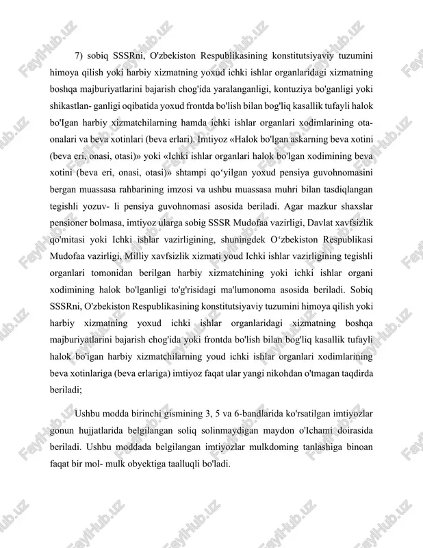 g'risida»gi qarori bilan indeksatsiyalanib turadi. «oʻzbekiston respublikasining 2014-yilgi asosiy makroiqtisodiy ko'rsatkichlari prognozi va davlat budjeti parametrlari to'g'risida»gi o'zbekiston respublikasi prezidentining 2013-yil 25-dekabrdagi pq-2099-son qarori bilan 2014-yil uchun jismoniy shaxslaming mol-mulkiga soliq stavkalari quyidagicha belgilangan: soliqqa tortish obyektining nomi soliq stavkasi, mol-mulkning inventarizatsiya qiymatiga nisbatan % da turar joylar, kvartiralar (shaharlarda joylashgan, umumiy maydoni 20 ky.m.dan oshiq bo'iganlari bundan mustasno), dala hovli girulmalari, garajlas va boshqa imoratlar, xonalar va inshootlar 1,2 shaharlarda joylashgan umumiy maydoni qu- yidagicha bolgan turar joylar va kvartiralar: 200 kv.m.dan oshiq va 500 kv.m.gacha bolgan 1,4 500 kv.m.dan oshiq bo' lgan 1,8 3.xulosa xulosa oʻrnida aytib oʻtish joizki, ushbu garorda jismoniy shaxslarning mol-mulkiga solinadigan soliq bo yicha hisob-kitoblar amalga oshirilganda quyidagilar ham inobatga olinishi belgilangan: 1. jismoniy shaxslar mol-mulkini baholash boyicha organlar belgilagan inventarizatsiya qiymati bolmasa, solig undirish uchun toshkent shahri va viloyat markazlarida 18 480.0 ming so'm, boshqa shaharlar va gishloq joylarda &030.0 ming som migorida …