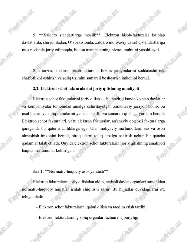 alari va natijalari boshqa davlatlar uchun yaxshi o'rnak bo'lishi mumkin. 3. xulosa elektron schot fakturalarini joriy qilish nafaqat soliq tizimini takomillashtirishga, balki iqtisodiy jarayonlarning shaffofligini oshirishga ham xizmat qiladi. biroq, bu jarayonni muvaffaqiyatli amalga oshirish uchun normativ-huquqiy, texnik va ijtimoiy jihatlarni hisobga olish zarur. 4.foydalanilgan manbalar 1. axmedov dd., ishmuxamedov m ja.e., jumaev k-x., djumaeva z.a. makroiktisodiyot. ukuv kullanma*' -t.: “uzbekistan yozuvchilar uyushmasi adabiyot jamgarmasi nashriyoti”,2004, 240 bet. 2. mariganova e.a., shapiro s.a. makroekonomika .ekspress kurs.: uchebnoe poobie-m: knorus, 2010, 302 s . 3. veskanov g.s., vechkanova g.r. makroekonomika; uchebnik dlya vuzov. spb.: piter, 2009, 35