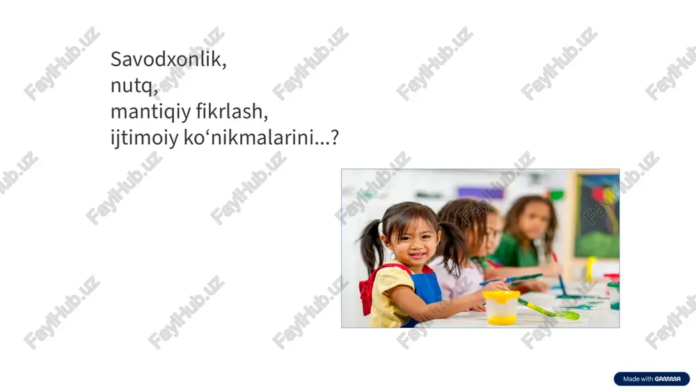 ni maktabga tayyorlashning muhim sharti nima? javob: mustaqil fikrlash va muloqot qilish ko‘nikmalarini shakllantirish. 5. savol: “ilk qadam” dasturida o‘qitishning asosiy shakli nima? javob: o‘yin asosida o‘qitish. 6. savol: bolalarning savodini shakllantirish uchun qanday mashg‘ulotlar o‘tkaziladi? javob: harf-tovush mashqlari, hikoya tuzish, she’r va ertak tinglash. 7. savol: maktabga tayyorlash jarayonida ijtimoiy ko‘nikmalar deganda nima tushuniladi? javob: jamoada ishlash, hamkorlik qilish, hurmat va madaniyatni bilish. 8. savol: bolalarni yozuvga tayyorlash qanday mashqlar orqali amalga oshiriladi? javob: chizish, bo‘yash, geometrik shakllarni chizish, qalamni to‘g‘ri ushlash. 9. savol: nutq rivoji uchun qanday topshiriqlar beriladi? javob: rasm asosida hikoya qilish, so‘zlarni to‘ldirish, savol-javob mashqlari. 10. savol: “ilk qadam” dasturida savod o‘rgatishning milliy xususiyatlari qanday namoyon bo‘ladi? javob: ertaklar, maqollar, topishmoqlar va xalq og‘zaki ijodi orqali. 11. savol: bolalarni maktabga tayyorlashda ota-onalarning o‘rni qanday? javob: uyda mashqlar qilish, kitob o‘qib berish va bolani rag‘batlantirish. 12. savol: harflarni o‘rganishdan avval bolalar qanday ko‘nikmalarga ega bo‘lishi kerak? …