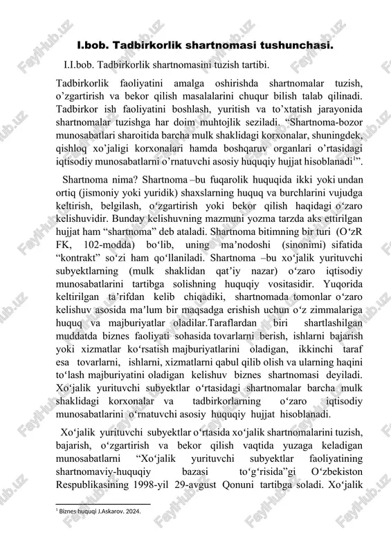 turiga davlat buryutmasi berilgan boʻlsa, davlat ehtiyojlari uchun mahsulot yetkazib berish shartnomasini tuzish majburiydir. xoʻjalik shartnomasi fuqarolik-huquqiy shartnomaning bir koʻrinishi boʻlganligi sababli shartnoma tuzish erkinligi prinsipi fuqarolik kodeksida belgilangan qoidalarga va tegishli qonun normalariga asoslanadi. xoʻjalik shartnomalarining rolini oshirishda 1998-yil 29-avgustda oʻzbekiston respublikasi oliy majlisi xii sessiyasida qabul qilingan “xoʻjalik yurituvchi subyektlar faoliyatining shartnomaviy-huquqiy bazasi toʻgʻrisida”gi qonun muhim rol oʻynadi. mazkur qonun oʻzbekiston respublikasi oliy majlisining qarori asosida 1998-yilning 1-noyabridan amalga kiritildi. mazkur qonunda xoʻjalik shartnomasi tushunchasi (3-modda), subyektlari (5-modda), shartnomani tuzish, bajarish, oʻzgartirish va bekor qilish (2-bob) jarayonlarida yuzaga keladigan munosabatlarni huquqiy tartibga solish, shartnomaviy munosabatlarning asosiy prinsiplari (4-modda), subyektlarning huquq (6-modda) va majburiyatlari (7-modda) va shartnomani buzganlik uchun javobgarlik (5-bob), talabnoma va daʼvo arizalarini taqdim etish tartibi va muddatlari (3-bob), shuningdek xoʻjalik yurituvchi subyektlar yuridik xizmatining yoki ishga jalb etilgan advokatlarning shartnomani tuzish va bajarishdagi vazifalari (20-modda) belgilab berilgan. qonunda mahalliy davlat hokimiyati hamda davlat boshqaruv organlari, prokuratura …