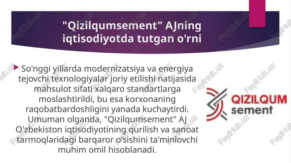 sodiy, balki ekologik va ijtimoiy barqarorlikni ta’minlashga ham faol hissa qo‘shmoqda. eʼtiboringiz uchun rahmat ! image1.jpeg image2.jpeg image3.jpeg image4.jpeg image5.jpeg image6.jpeg image7.jpeg image8.jpeg image9.jpeg image10.jpeg s 54 q a en ni a im j qizilqum {ar aqizilqumbement? ay sm sine wsicoms 20 /docprops/thumbnail.jpeg mavzu:’gizilqumsement” aksiyadorlik jamiyati