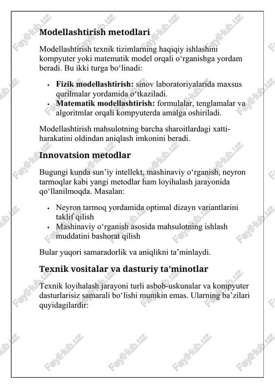 ki tizim talab qilingan texnik parametrlarni aniq bajara oladi. · moslashuvchanlik: turli tizimlar o‘zaro muvofiq ishlay oladi (interoperabilitet). · samaradorlik: takroriy hisob-kitoblarsiz, vaqt va mablag‘ni tejab loyihalash imkonini beradi. · eksport imkoniyatlari: xalqaro talabga javob beruvchi mahsulotlarni chet elga olib chiqish osonlashadi. · xavfsizlik va barqarorlik: inson hayoti, muhit va jamiyat uchun kamroq xavf tug‘diradi. standartlardan foydalanish amaliyoti loyihalovchilar quyidagi bosqichlarda standartlardan foydalanadi: 1. texnik topshiriq tayyorlashda – mavjud standartlar asosida parametrlar belgilanadi. 2. loyihani chizishda – chizmalar gost yoki iso grafik belgilari asosida tayyorlanadi. 3. material tanlashda – mexanik, fizik va kimyoviy xossalar standartlarga muvofiq belgilanadi. 4. sinov va nazoratda – sertifikatlash ishlari standartlar asosida amalga oshiriladi. texnik loyihalashda standartlardan foydalanish bugungi zamonaviy muhandislikning ajralmas qismidir. xalqaro va milliy standartlar mahsulot sifatini kafolatlaydi, ularning xavfsizligi va ishlash ishonchliligini ta’minlaydi. standartlar asosida ishlash har qanday muhandis uchun professional me’zon bo‘lib xizmat qiladi va texnologik taraqqiyotga xizmat qiladi. innovatsion texnologiyalarning texnik …