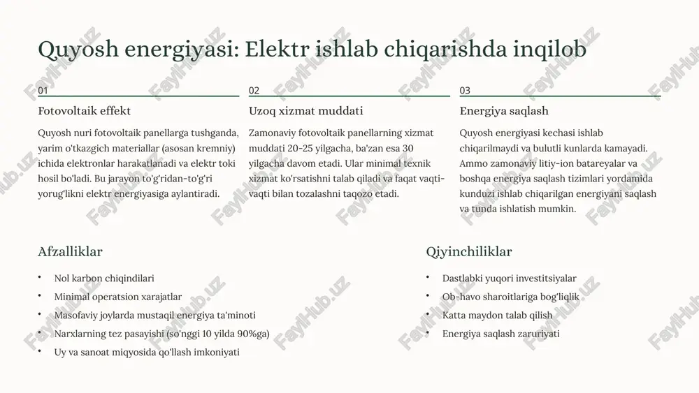 iqlim o'zgarishiga qarshi kurashda muhim rol o'ynaydi. ijtimoiy jihatdan esa yangi ish o'rinlari va texnologik taraqqiyotni ta'minlaydi. har birimizning hissamiz energiya tejash, energiya samarali qurilmalardan foydalanish, quyosh panellarini o'rnatish – har bir fuqaro o'z hissasini qo'shishi mumkin. ommaviy ongni oshirish va ta'lim-tarbiya muhim ahamiyatga ega. kelajakka qarash dunyoning ko'plab mamlakatlari 2050 yilgacha karbon neytralligiga erishish maqsadini qo'ygan. bu maqsadga erishish uchun qayta tiklanuvchi energiya manbalari asosiy rol o'ynaydi. o'zbekiston ham bu jarayonda faol ishtirok etmoqda – quyosh va shamol energiyasi bo'yicha yirik loyihalar amalga oshirilmoqda. texnologiyalar rivojlanishi, narxlarning pasayishi va xalqaro tajriba almashish orqali biz barqaror, toza va sifatli energiya bilan ta'minlangan kelajakni yaratishimiz mumkin. 9 foydalanilgan adabiyotlar international renewable energy agency (irena). "renewable power generation costs in 2023" international energy agency (iea). "world energy outlook 2024" o'zbekiston respublikasi energetika vazirligi rasmiy ma'lumotlari ieee standards association. "power quality standards and guidelines" vavilov, v.e. "elektr energiyasi sifati va uning ta'minlash usullari", …