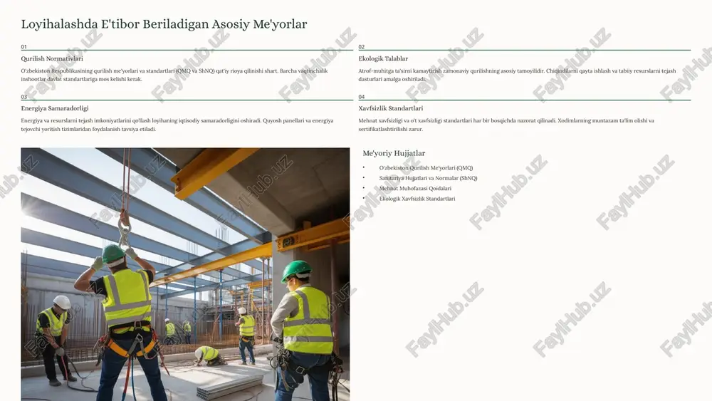 arni ham loyihalash jarayonida virtual modellashtirish, potentsial muammolarni oldindan aniqlash va optimal yechimlar topish imkoniyati mavjud. 35% joy tejash modulli tizimlar yordamida 45% vaqt tejash avtomatlashtirish orqali 60% xavfsizlik oshishi iot monitoring bilan 9 kelajakdagi yo'nalishlar va takliflar modulli va ko'chma tizimlar vaqtinchalik inshootlarni modulli va ko'chma qilish ularning turli loyihalarda qayta ishlatilishini ta'minlaydi. bu iqtisodiy tejamkor va ekologik jihatdan foydali yondashuv. konteyner tipidagi binolar 2-3 hafta ichida o'rnatiladi va kerak bo'lganda boshqa joyga ko'chirilishi mumkin. raqamli boshqaruv sun'iy intellekt, katta ma'lumotlar tahlili va bulutli texnologiyalar asosidagi boshqaruv tizimlari qurilish jarayonini yangi bosqichga olib chiqadi. barcha jarayonlarni bir platformada boshqarish, resurslarni optimal taqsimlash va xavflarni oldindan aniqlash imkoniyati yaratiladi. davlat-xususiy hamkorlik davlat va xususiy sektor hamkorligini kuchaytirish yangi texnologiyalar va innovatsion yechimlarni tezroq joriy etish imkonini beradi. qo'shma investitsiyalar, bilim almashish va tajriba o'rtoqlashuvi orqali qurilish sanoatini modernizatsiya qilish mumkin. istiqbolli texnologiyalar 3d-printing yordamida tezkor qurilish dronlar orqali monitoring va …